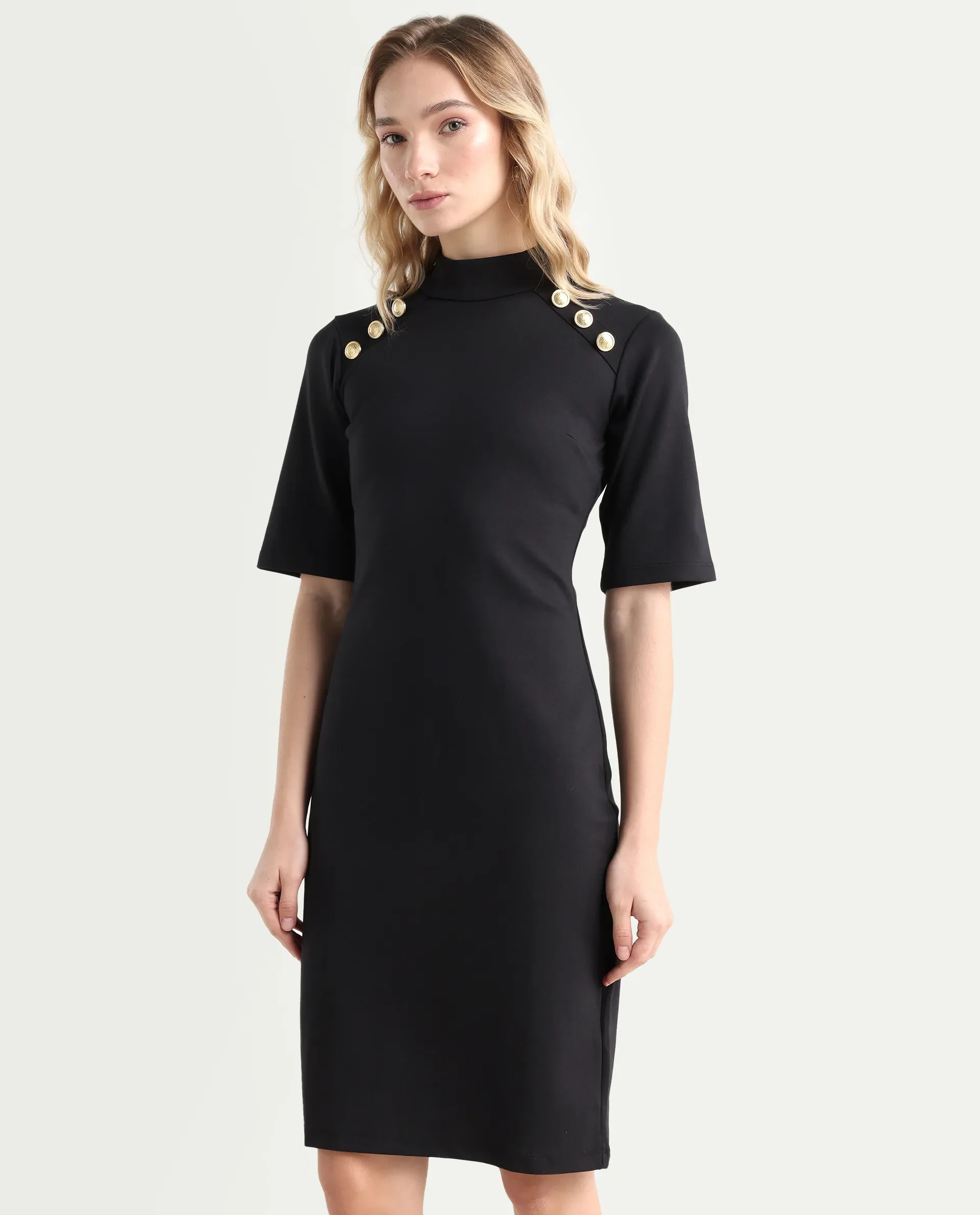 Rareism Women's Bolu Black Cotton Blend High Neck Plain Knee Length Slim Fit Dress - Image 4
