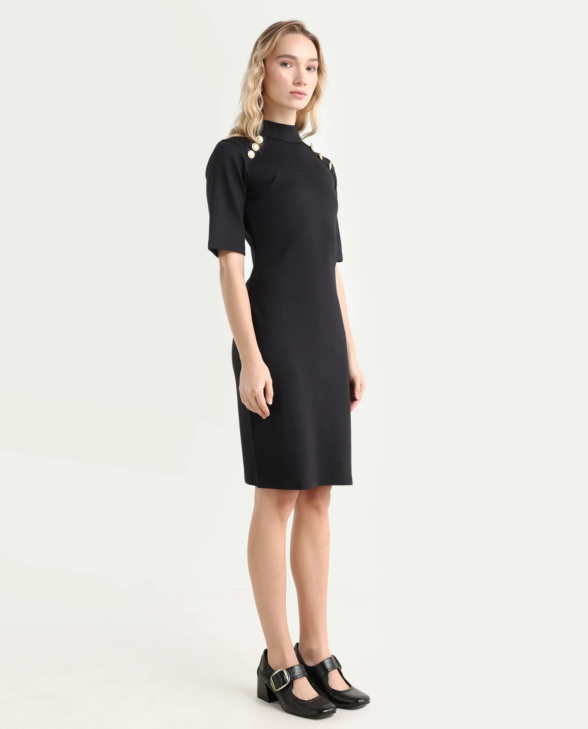 Rareism Women's Bolu Black Cotton Blend High Neck Plain Knee Length Slim Fit Dress - Image 6