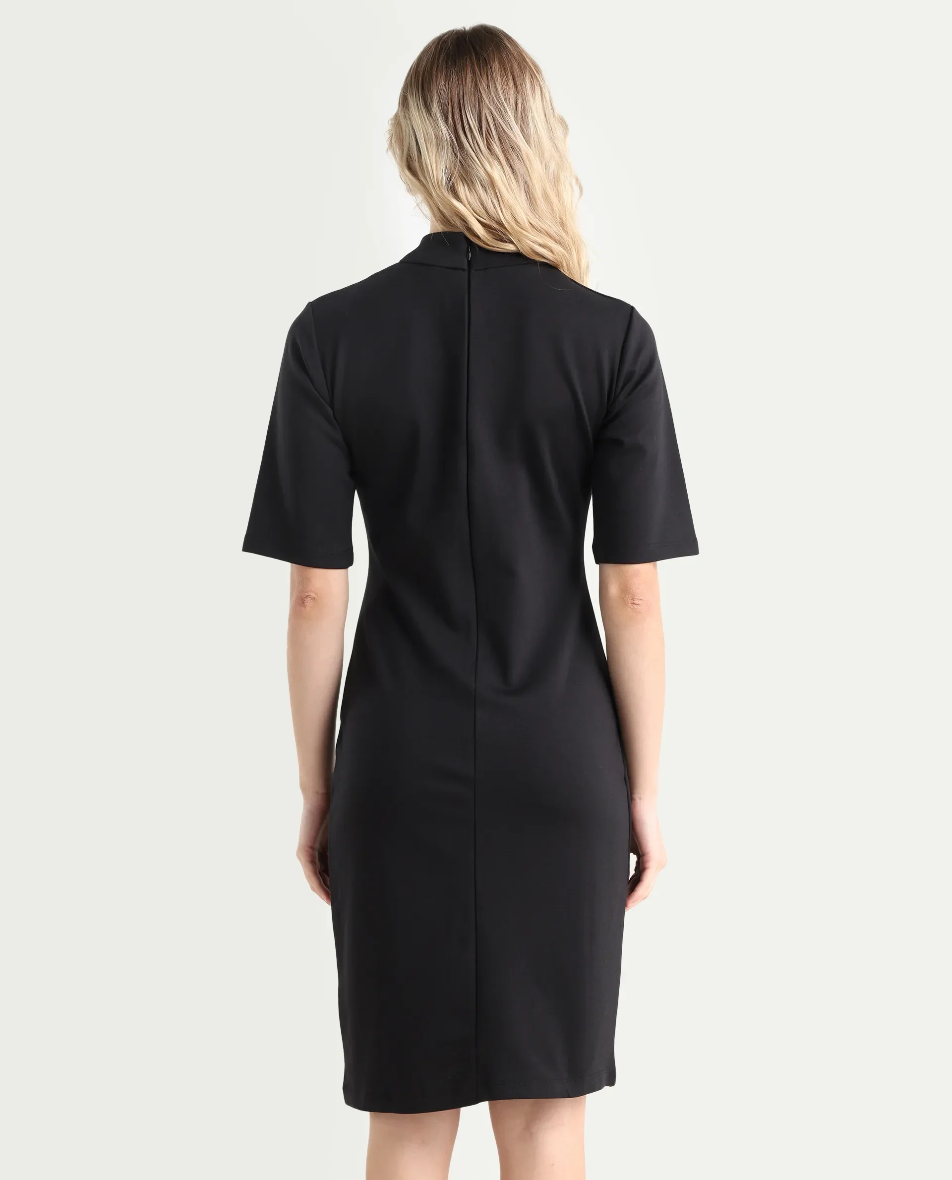 Rareism Women's Bolu Black Cotton Blend High Neck Plain Knee Length Slim Fit Dress - Image 7
