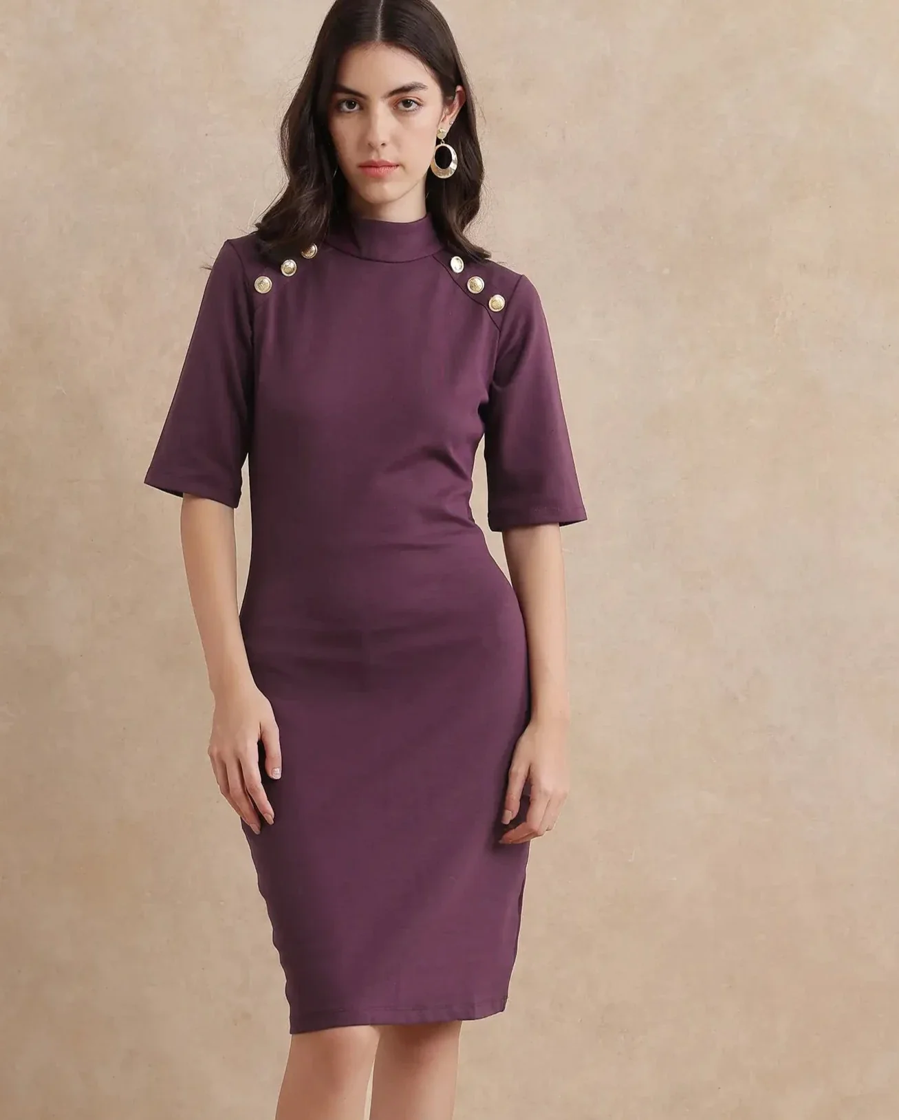 Rareism Women's Bolu Purple Cotton Blend High Neck Plain Midi Bodycon Dress