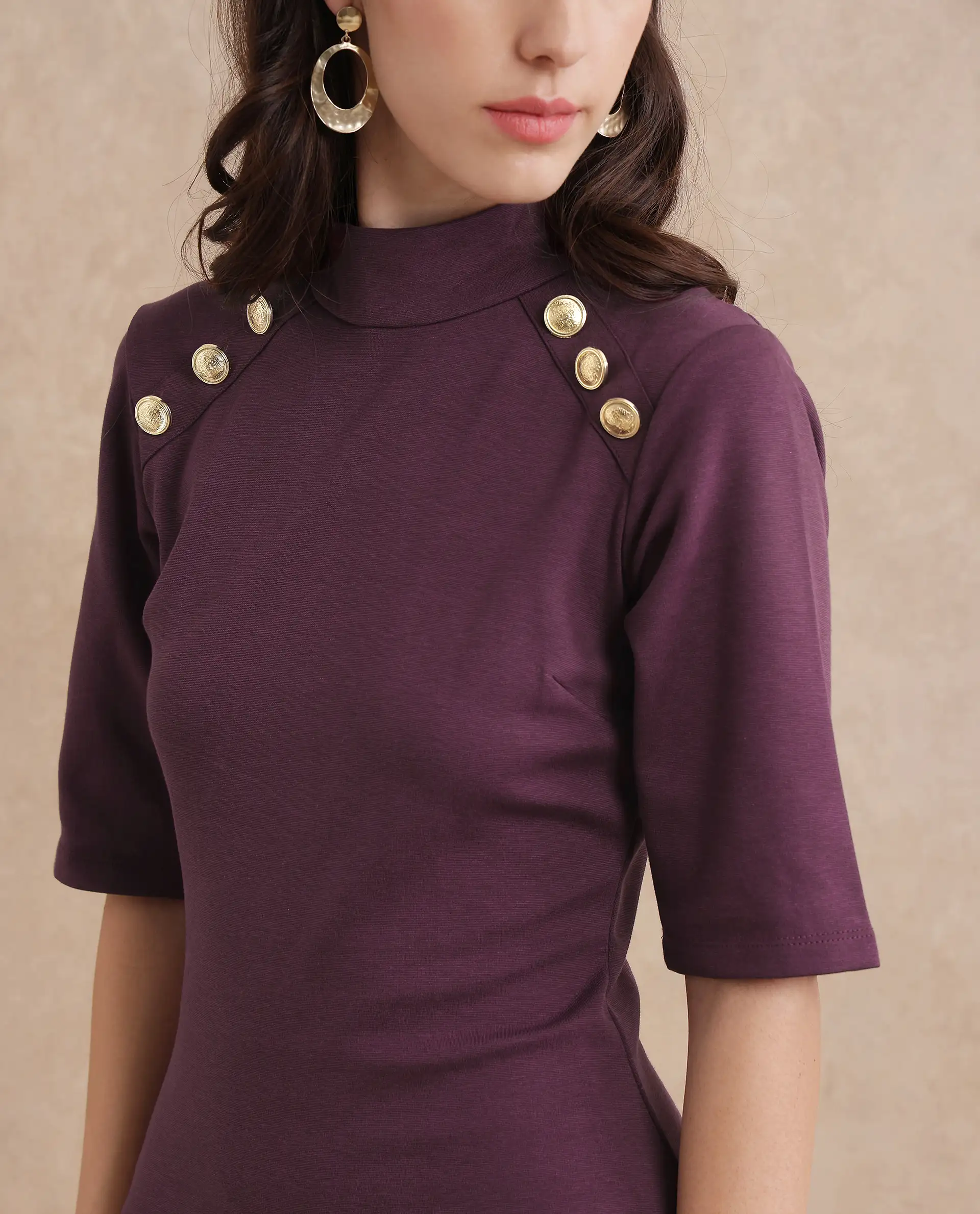 Rareism Women's Bolu Purple Cotton Blend High Neck Plain Midi Bodycon Dress - Image 2