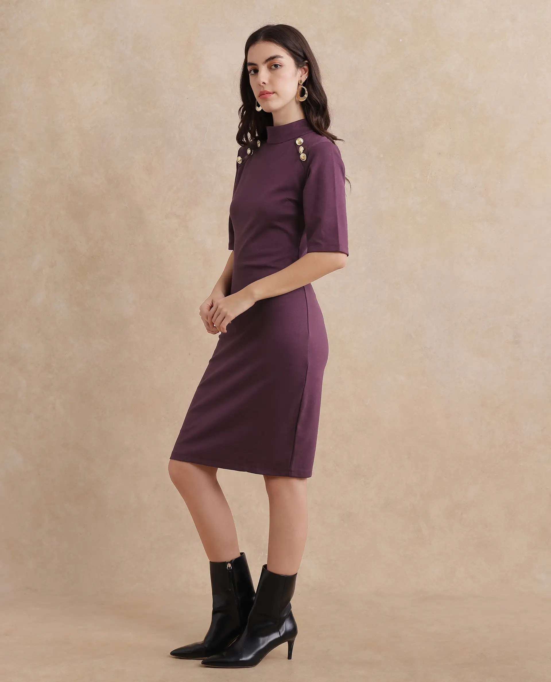 Rareism Women's Bolu Purple Cotton Blend High Neck Plain Midi Bodycon Dress - Image 3