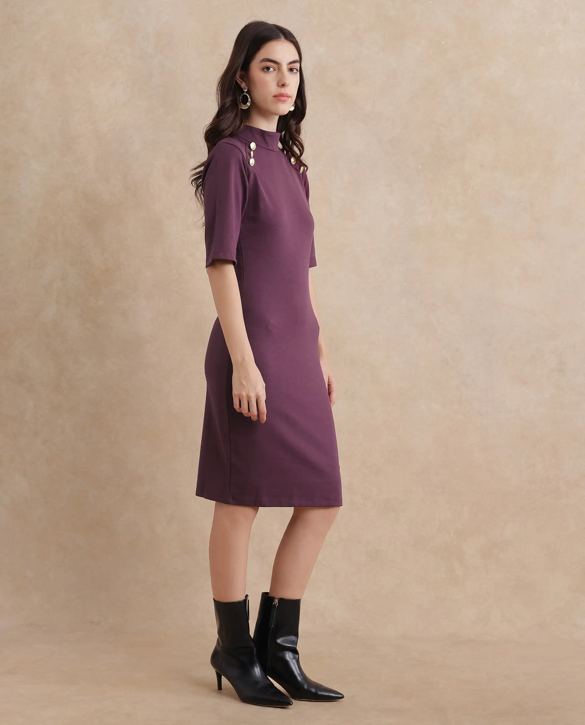 Rareism Women's Bolu Purple Cotton Blend High Neck Plain Midi Bodycon Dress - Image 4