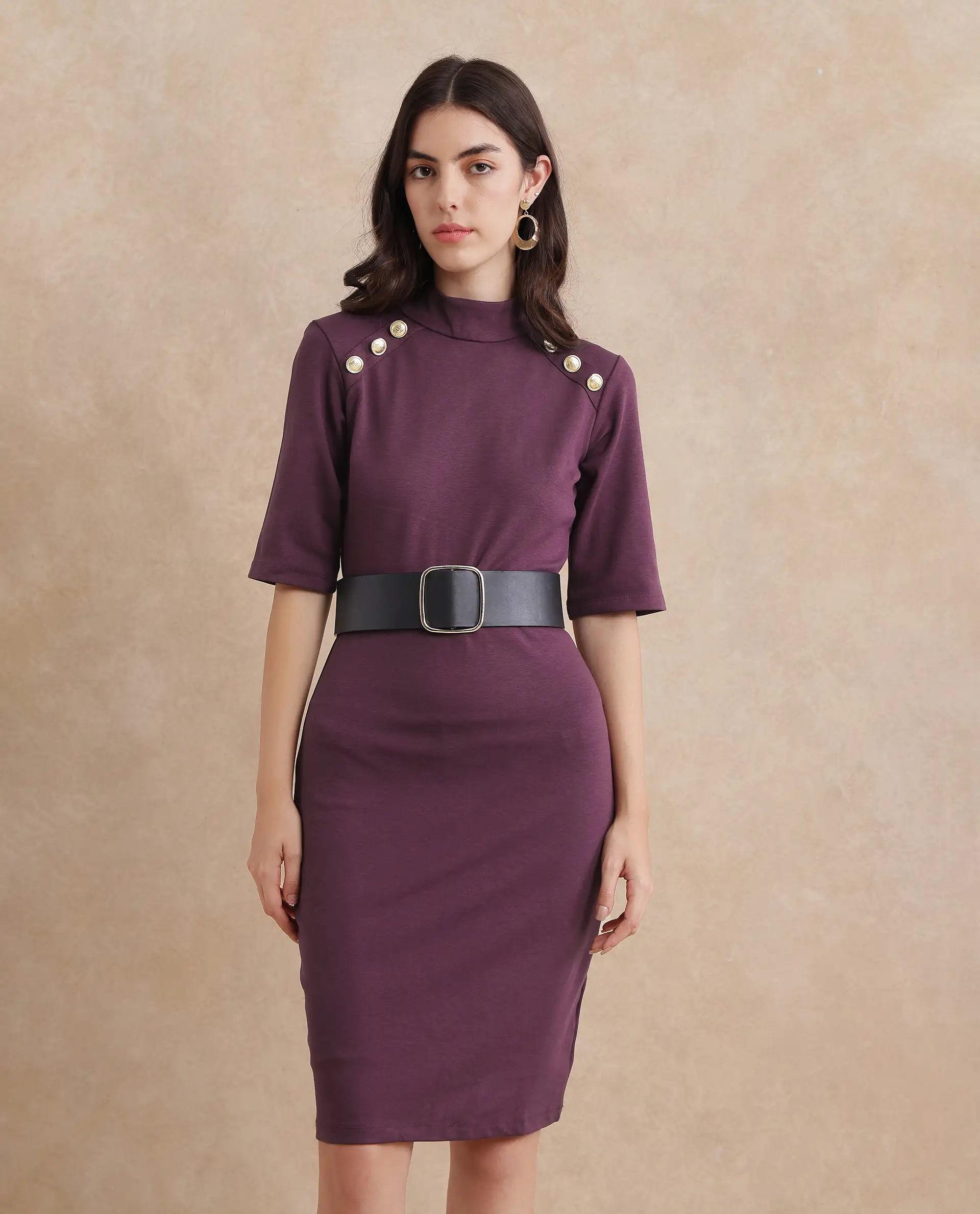 Rareism Women's Bolu Purple Cotton Blend High Neck Plain Midi Bodycon Dress - Image 6