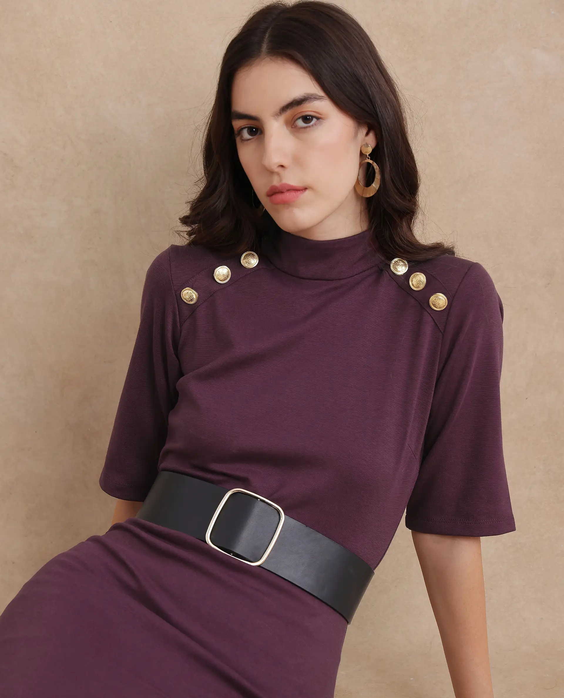Rareism Women's Bolu Purple Cotton Blend High Neck Plain Midi Bodycon Dress - Image 7