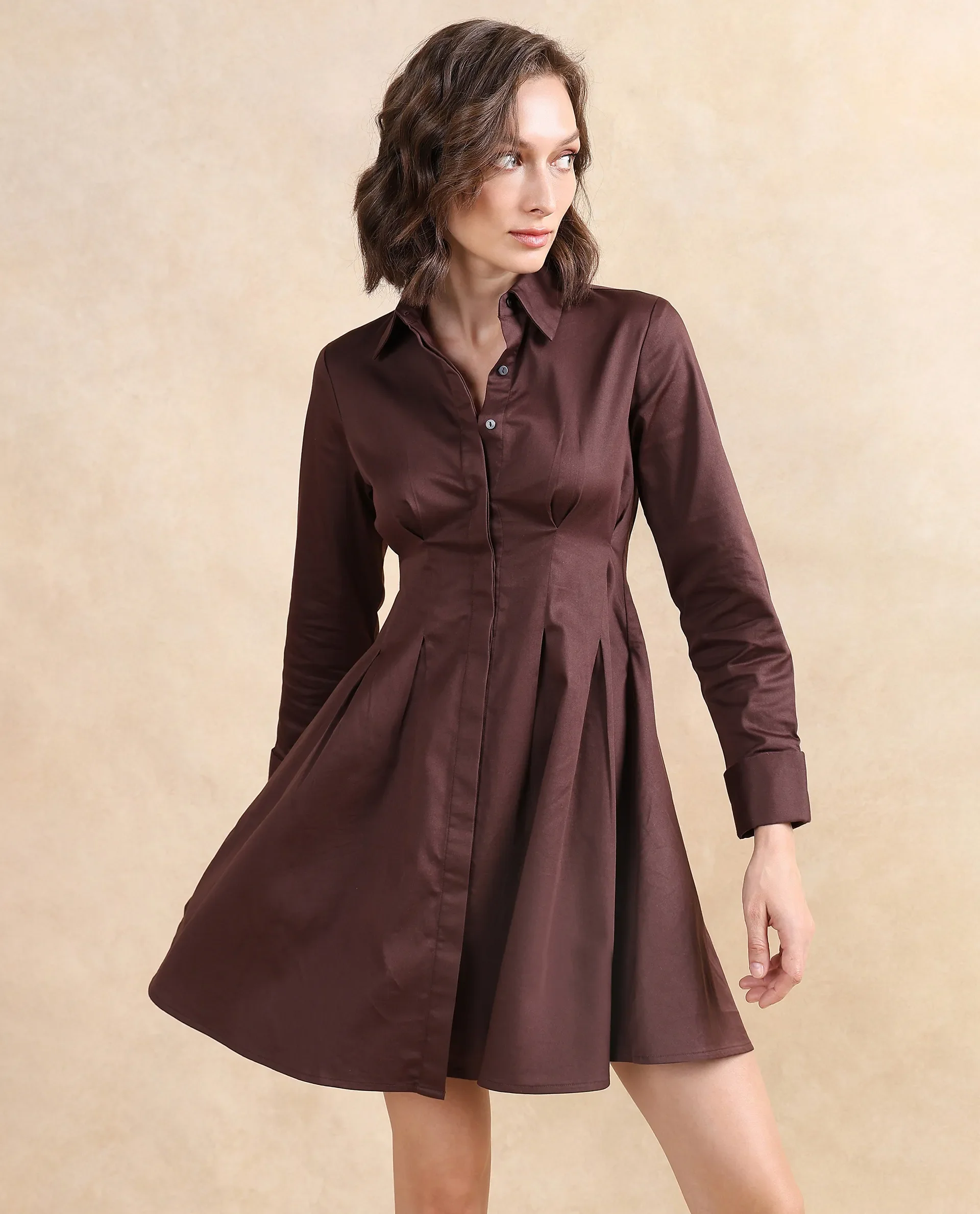 Rareism Women's Bolvia Dark Brown Cotton Blend Drop Collar Plain Cuffed Sleeve Knee Length Flared Dress