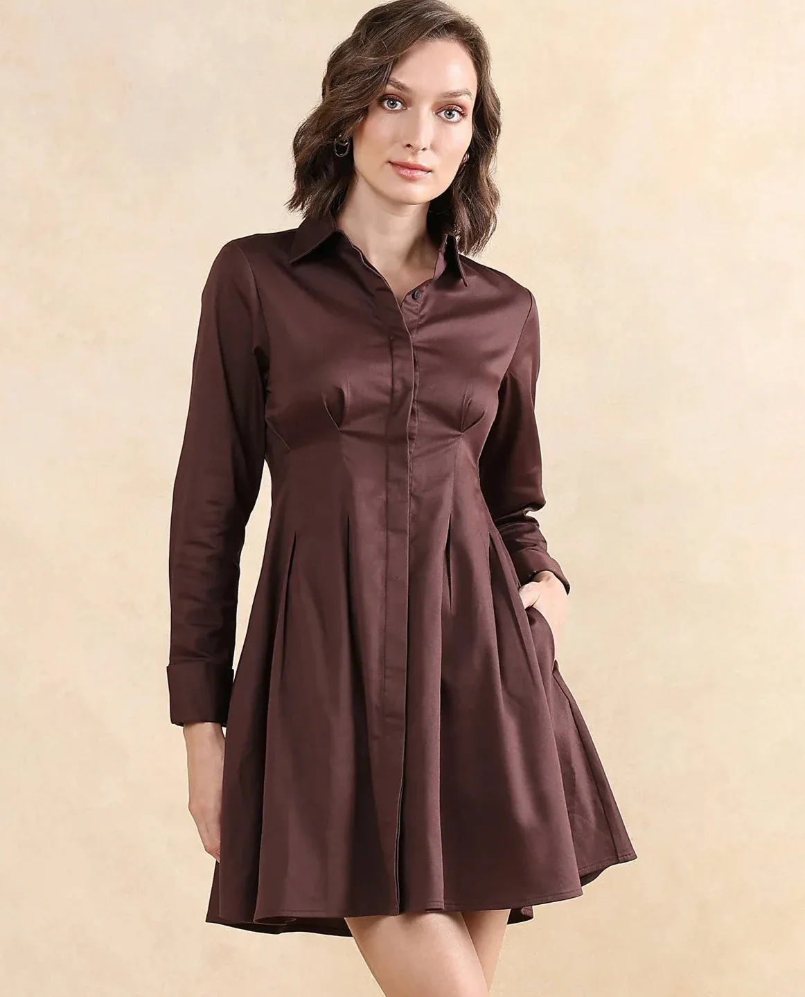 Rareism Women's Bolvia Dark Brown Cotton Blend Drop Collar Plain Cuffed Sleeve Knee Length Flared Dress - Image 2