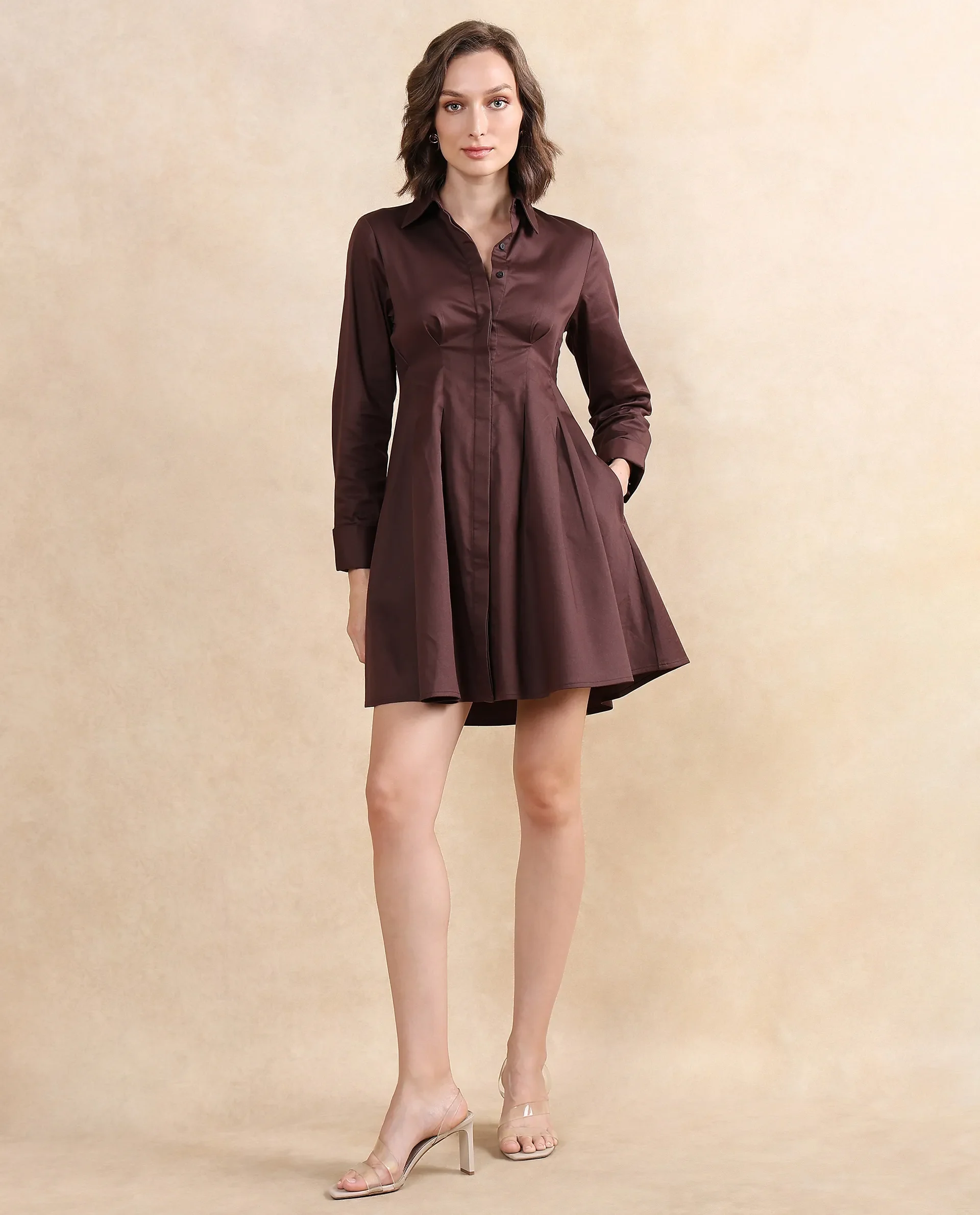 Rareism Women's Bolvia Dark Brown Cotton Blend Drop Collar Plain Cuffed Sleeve Knee Length Flared Dress - Image 3