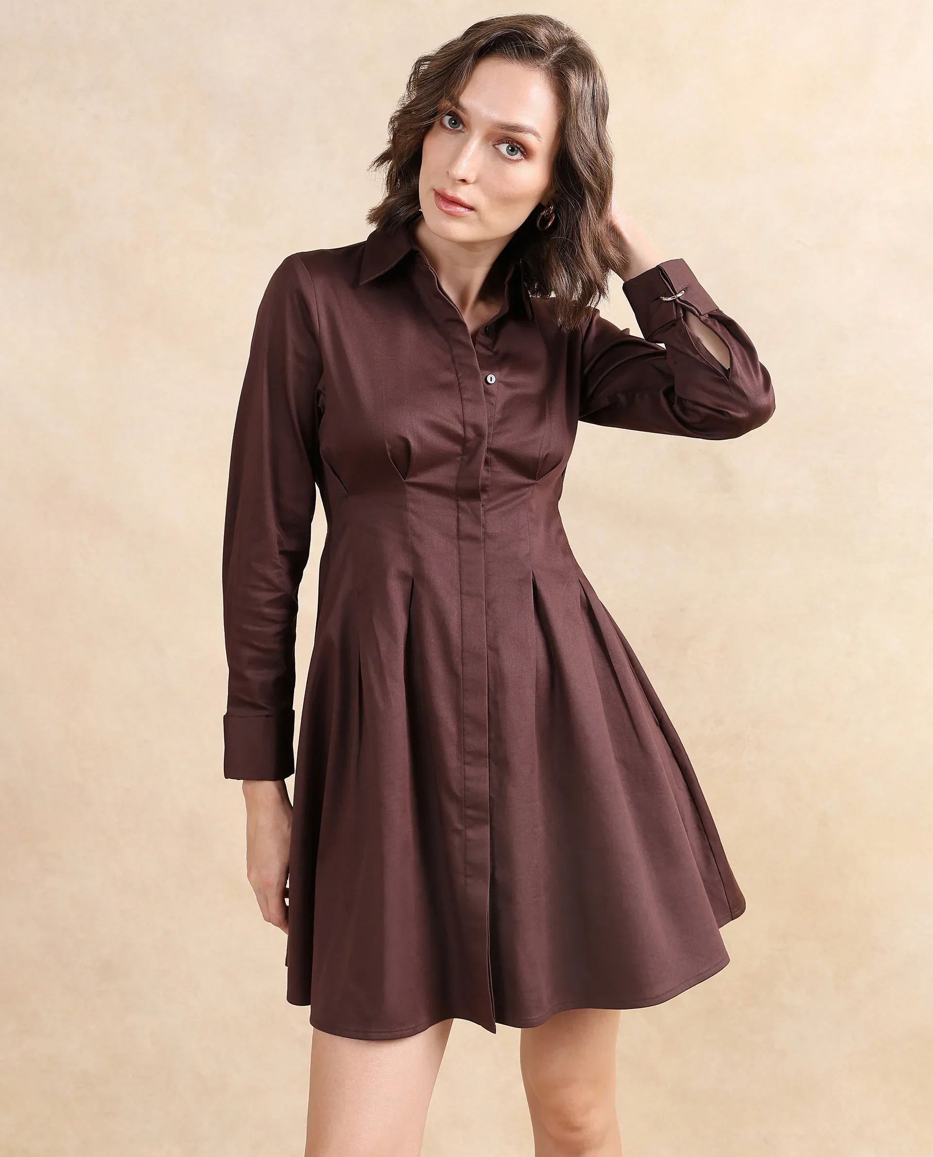 Rareism Women's Bolvia Dark Brown Cotton Blend Drop Collar Plain Cuffed Sleeve Knee Length Flared Dress - Image 4