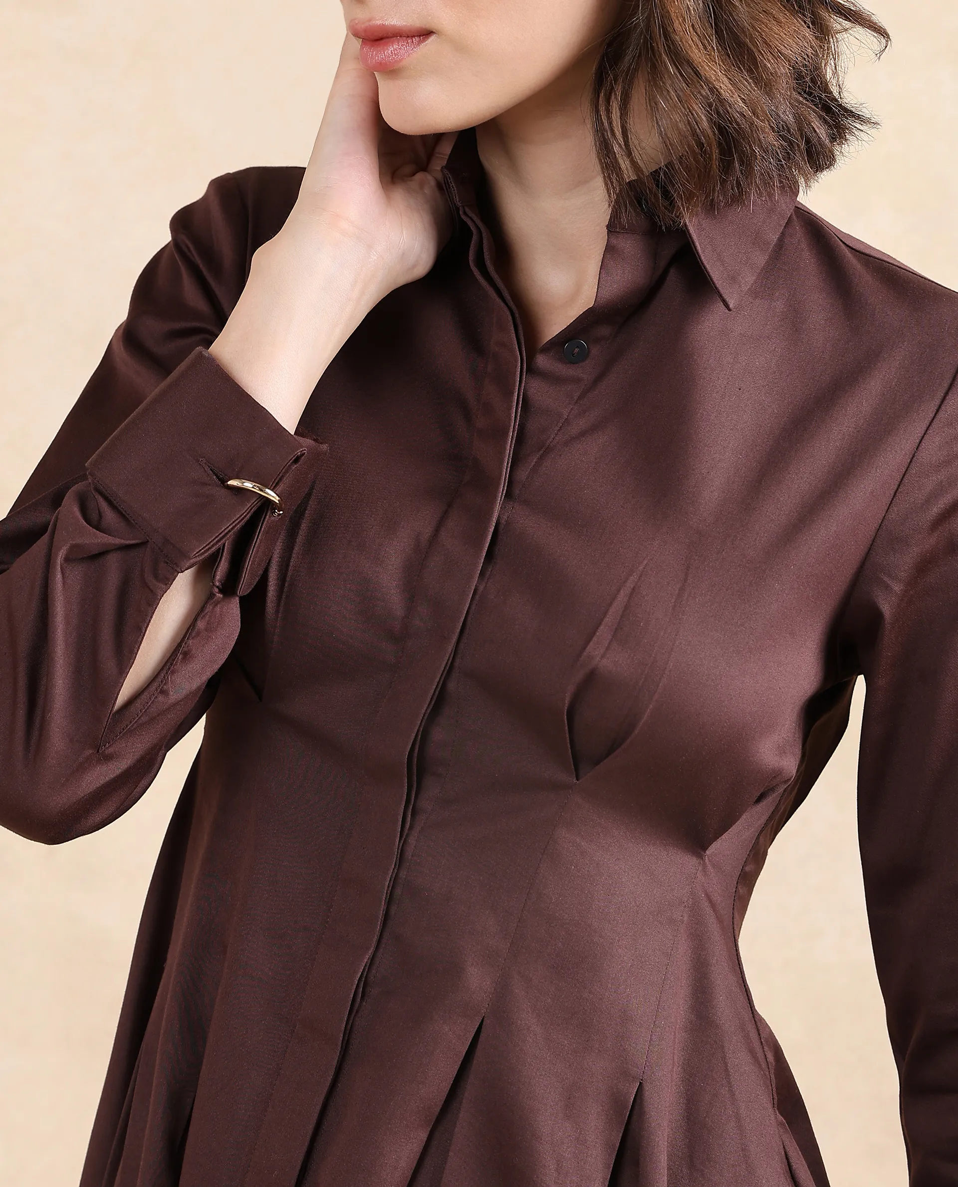 Rareism Women's Bolvia Dark Brown Cotton Blend Drop Collar Plain Cuffed Sleeve Knee Length Flared Dress - Image 5
