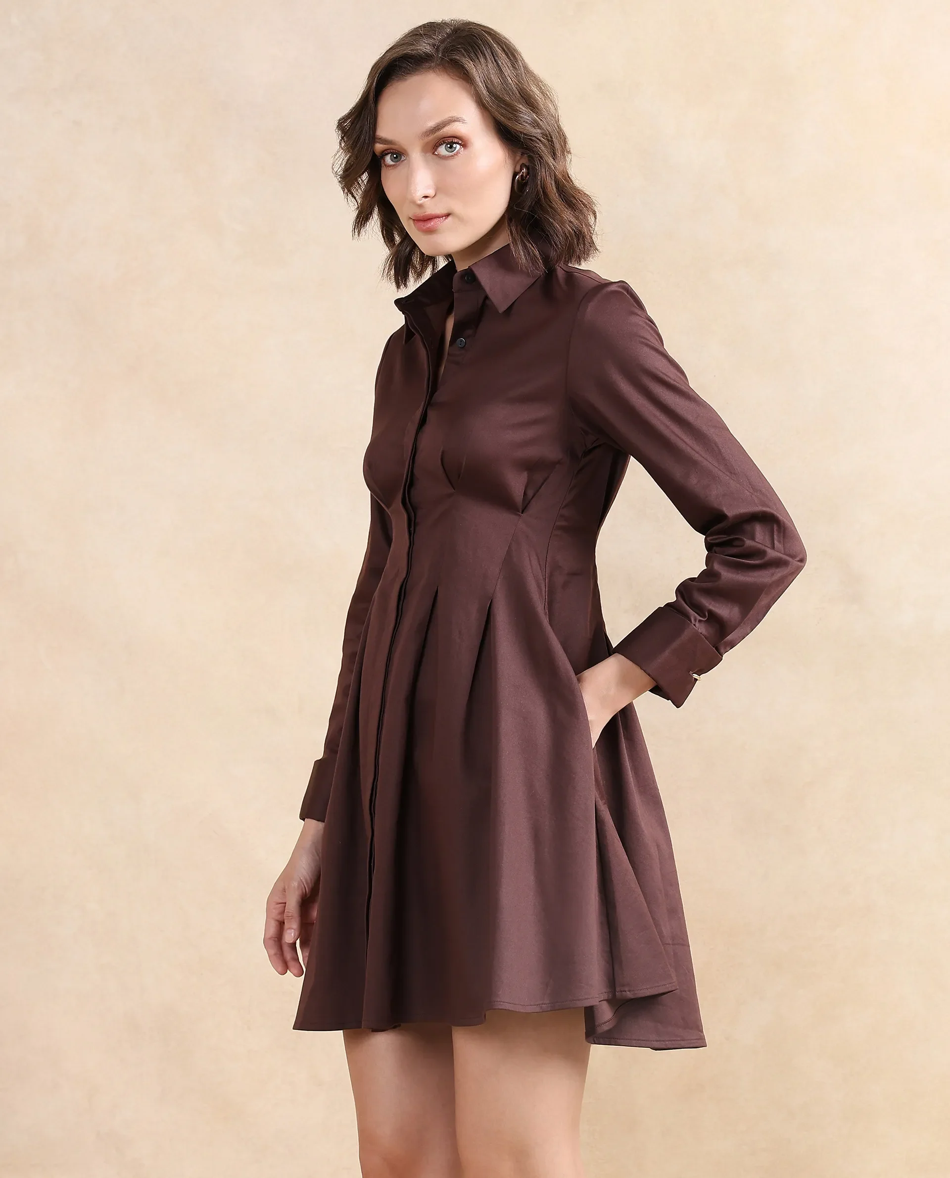 Rareism Women's Bolvia Dark Brown Cotton Blend Drop Collar Plain Cuffed Sleeve Knee Length Flared Dress - Image 6