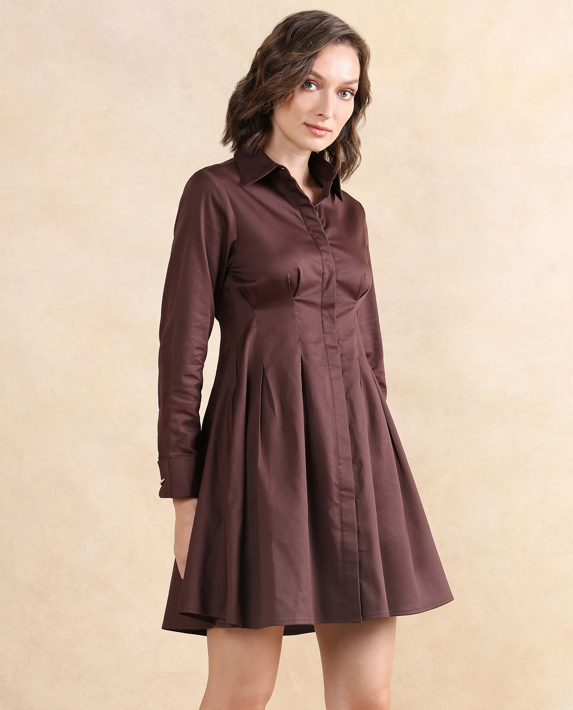 Rareism Women's Bolvia Dark Brown Cotton Blend Drop Collar Plain Cuffed Sleeve Knee Length Flared Dress - Image 7