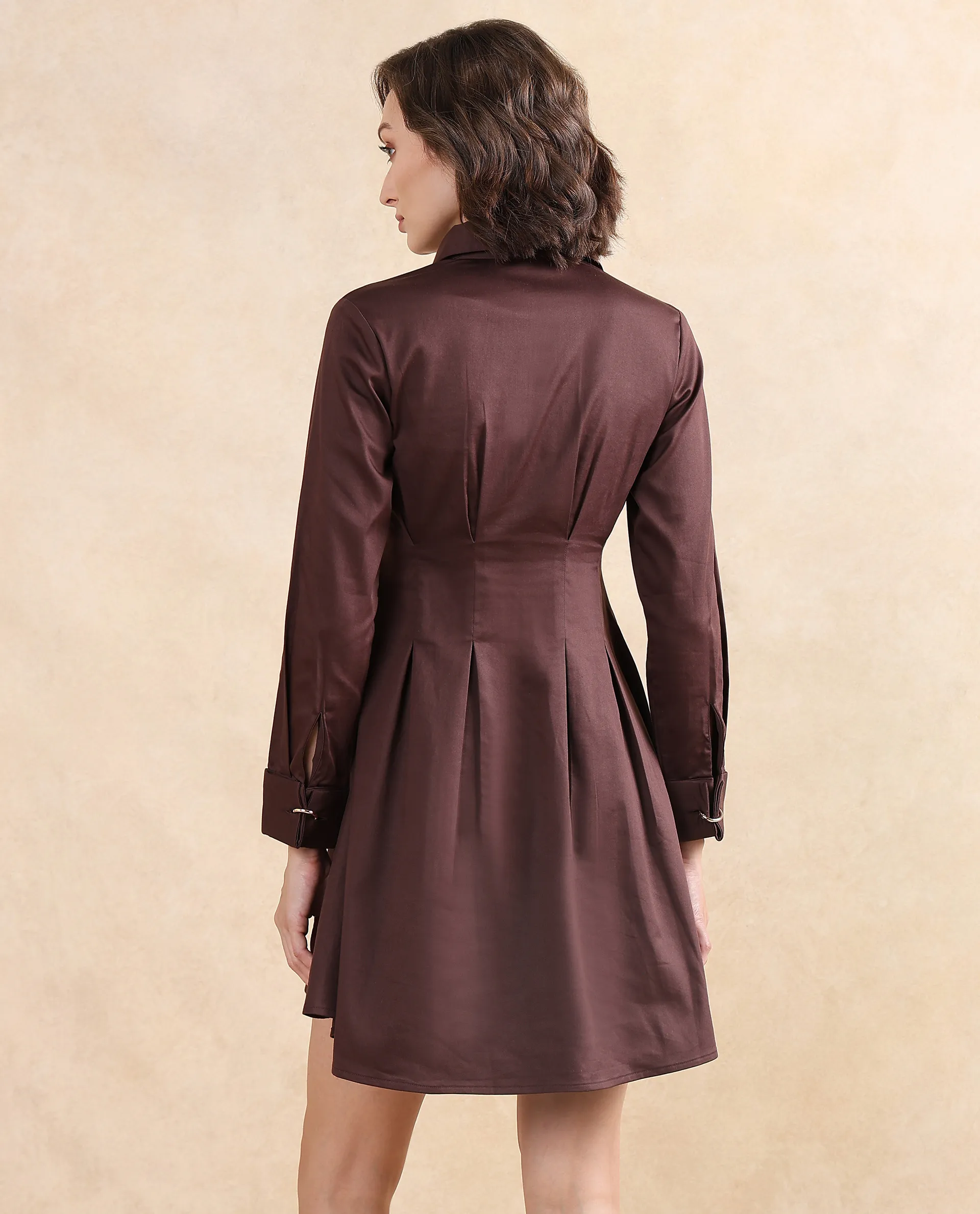 Rareism Women's Bolvia Dark Brown Cotton Blend Drop Collar Plain Cuffed Sleeve Knee Length Flared Dress - Image 8