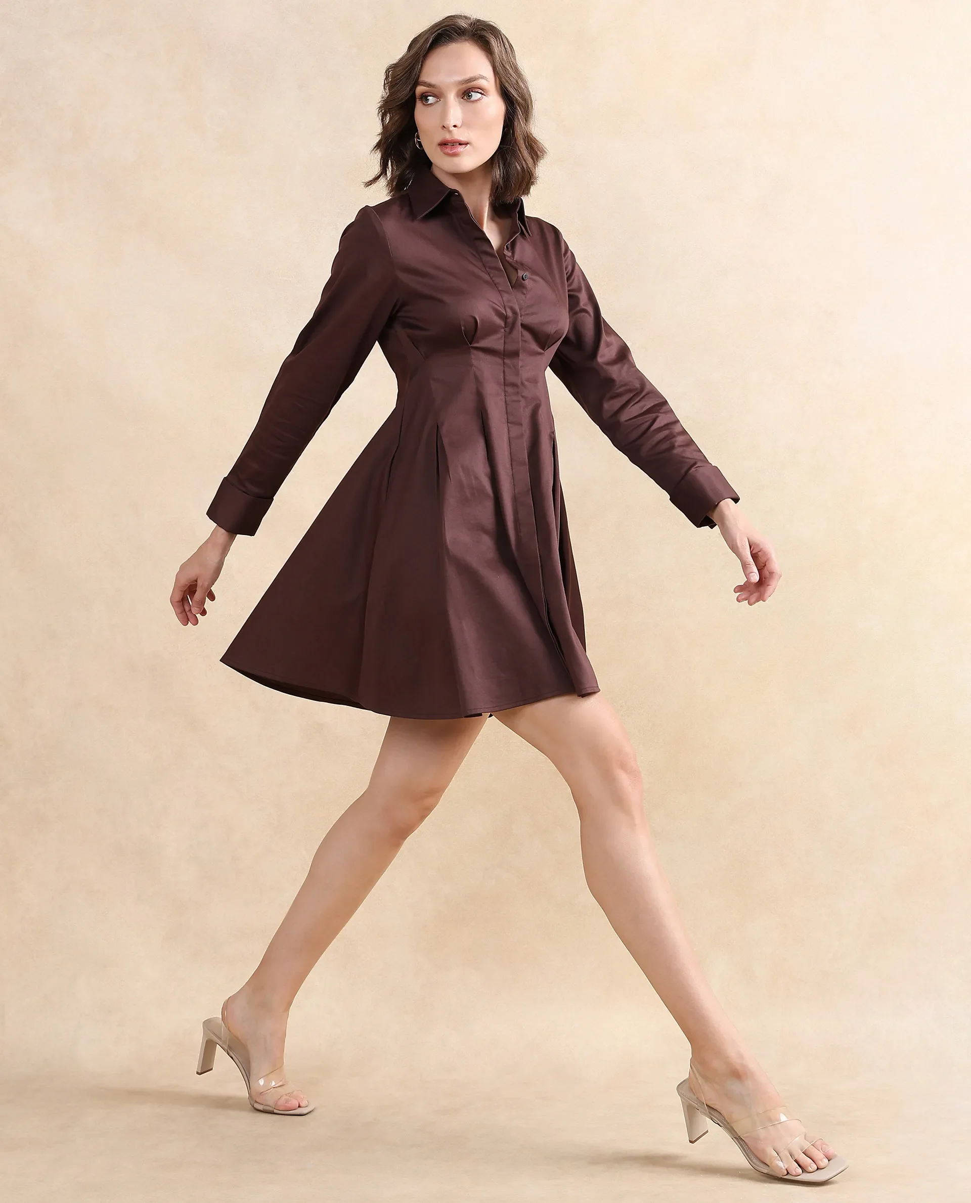 Rareism Women's Bolvia Dark Brown Cotton Blend Drop Collar Plain Cuffed Sleeve Knee Length Flared Dress - Image 9