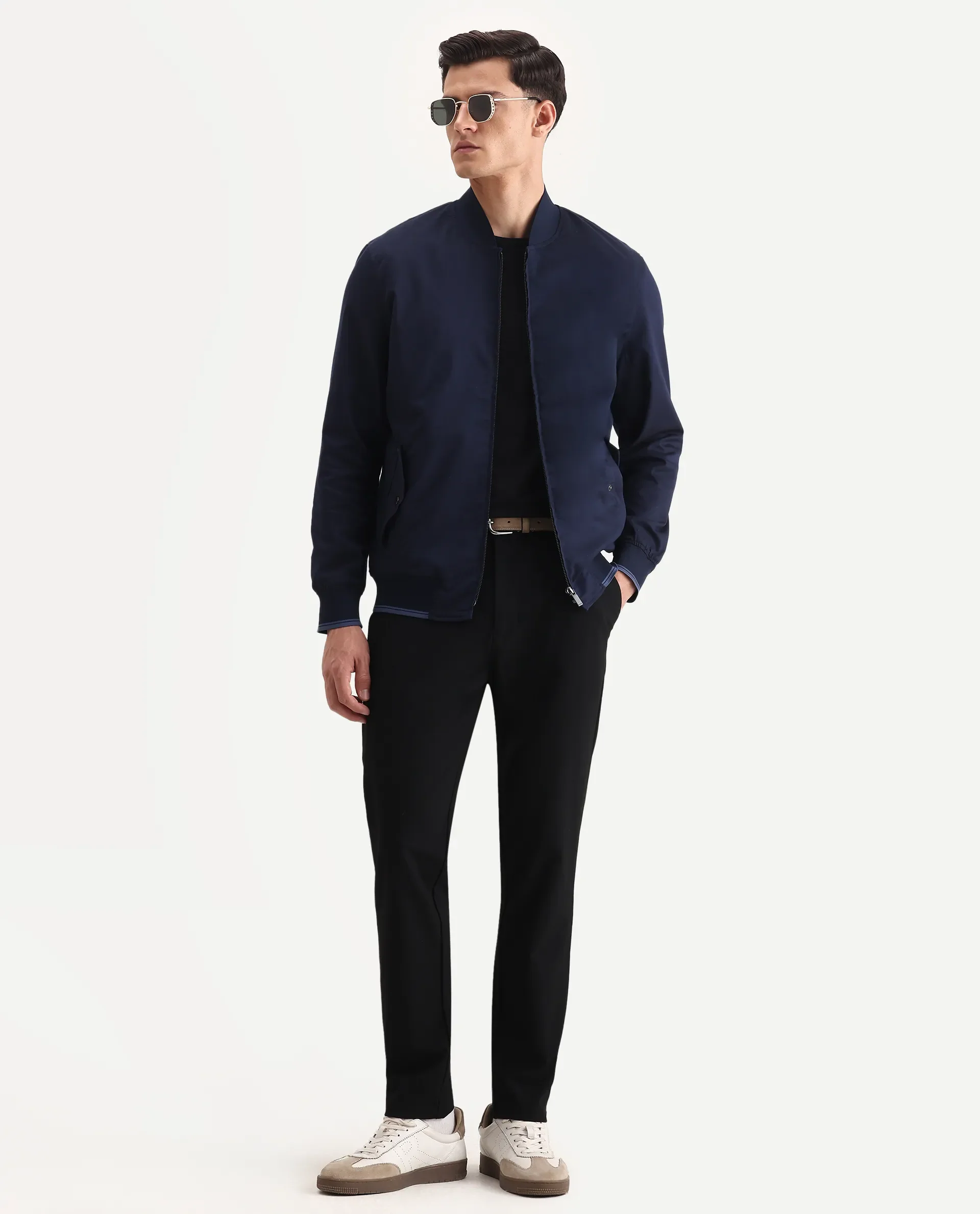 Rare Rabbit Men's Bom Navy Polyester Blend Fabric Ribbed Collar Regular Plain Jacket - Image 2