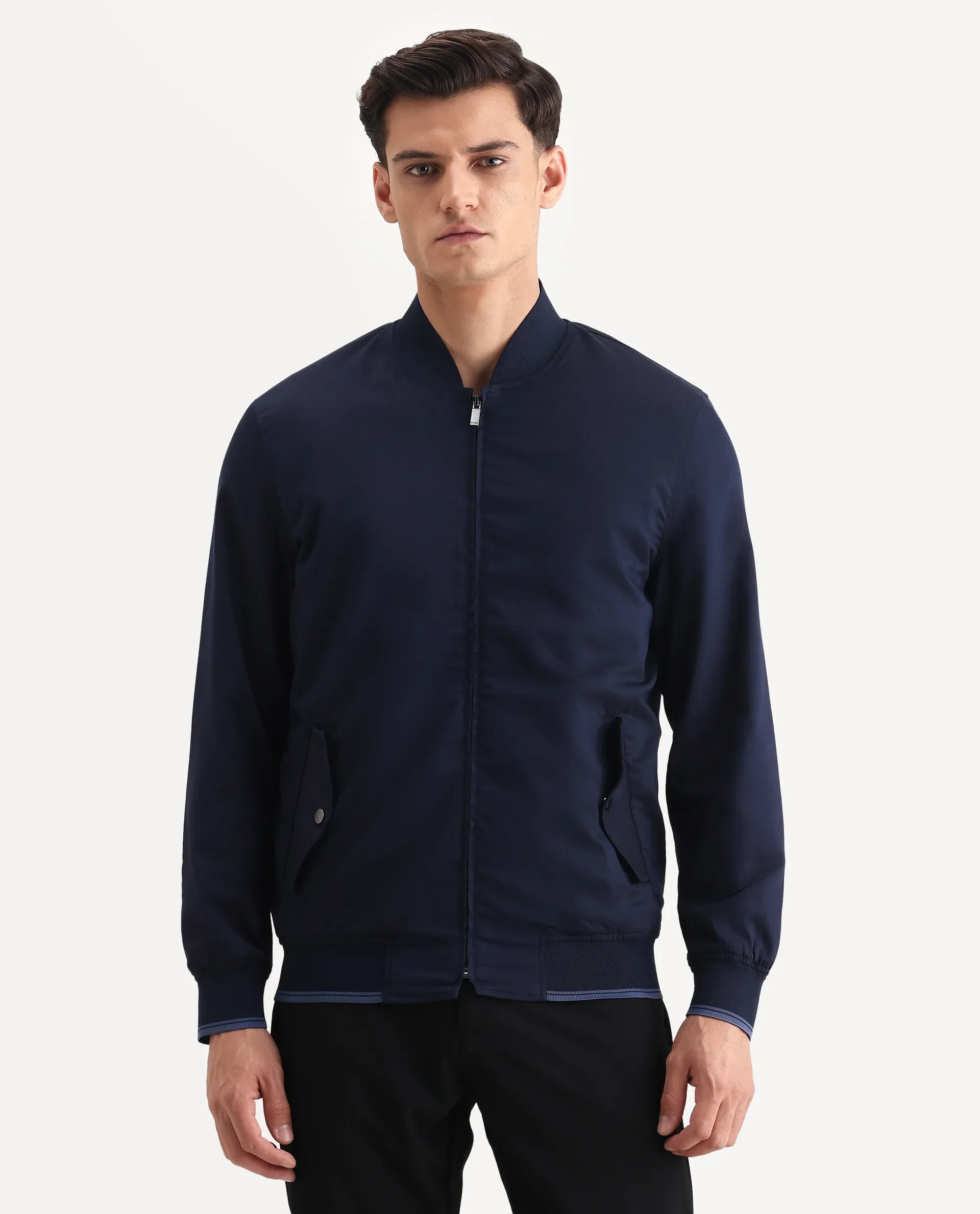 Rare Rabbit Men's Bom Navy Polyester Blend Fabric Ribbed Collar Regular Plain Jacket - Image 4