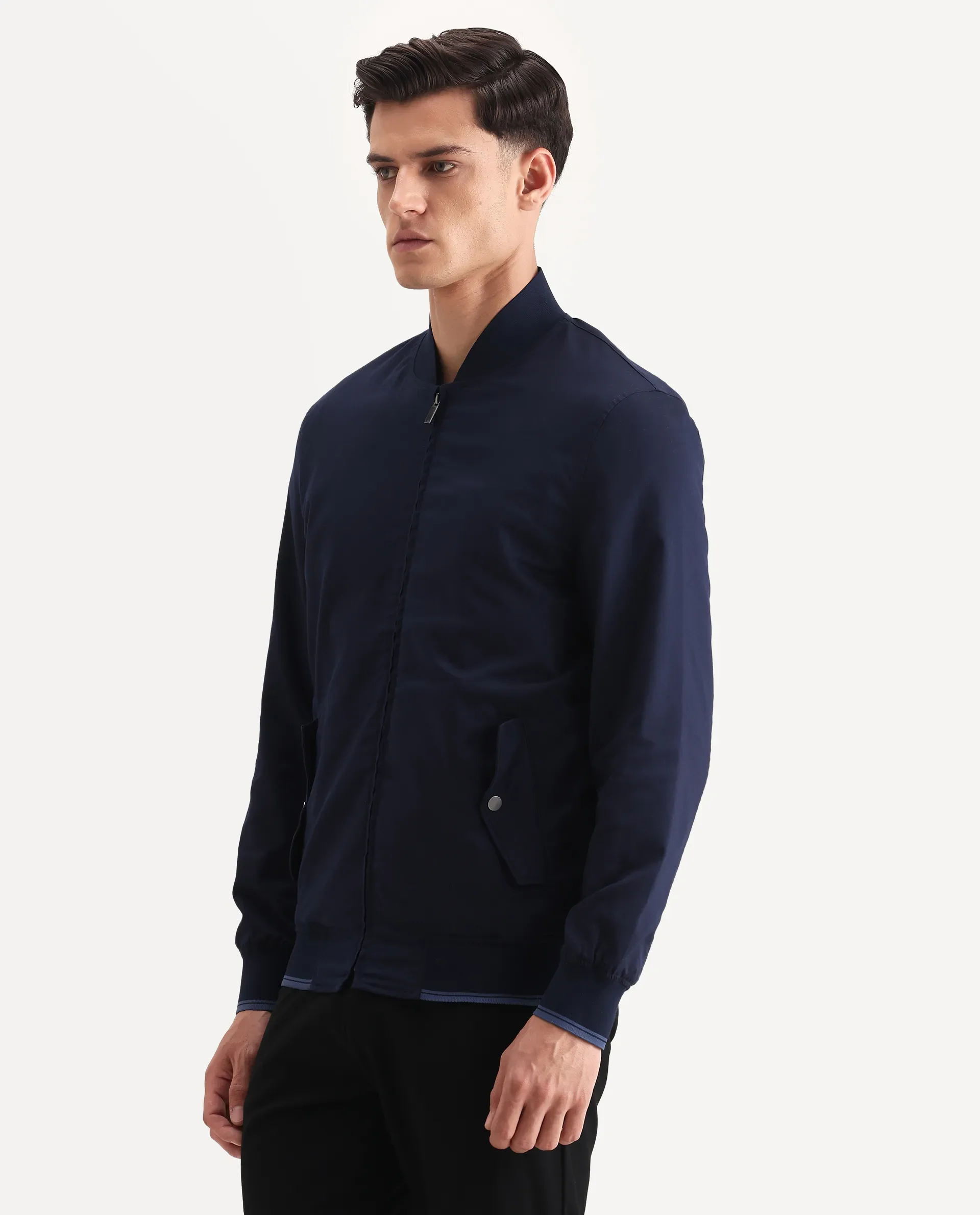 Rare Rabbit Men's Bom Navy Polyester Blend Fabric Ribbed Collar Regular Plain Jacket - Image 5