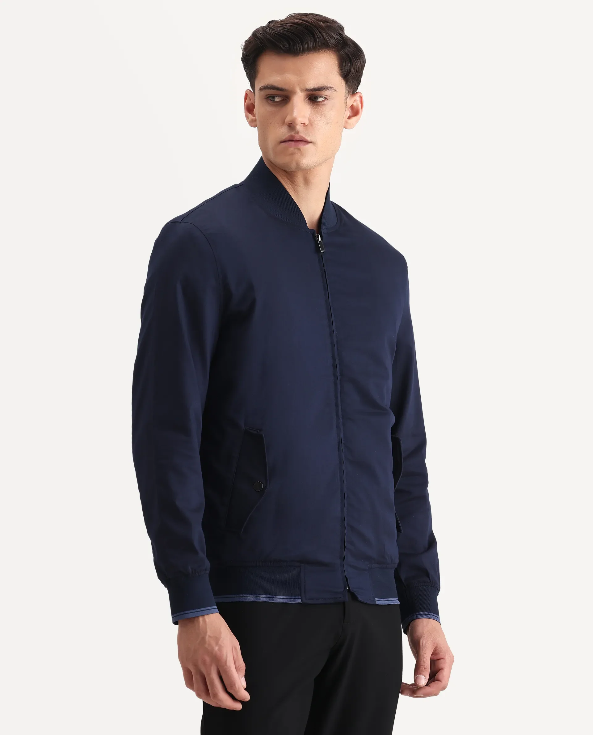 Rare Rabbit Men's Bom Navy Polyester Blend Fabric Ribbed Collar Regular Plain Jacket - Image 6