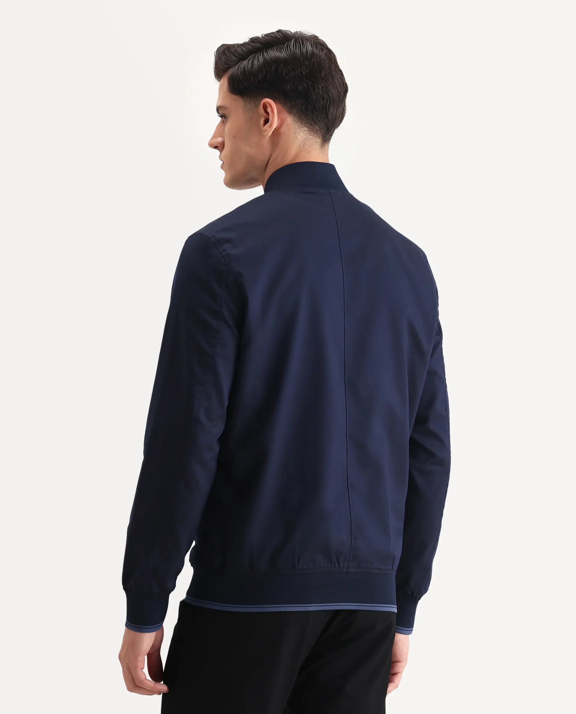 Rare Rabbit Men's Bom Navy Polyester Blend Fabric Ribbed Collar Regular Plain Jacket - Image 7