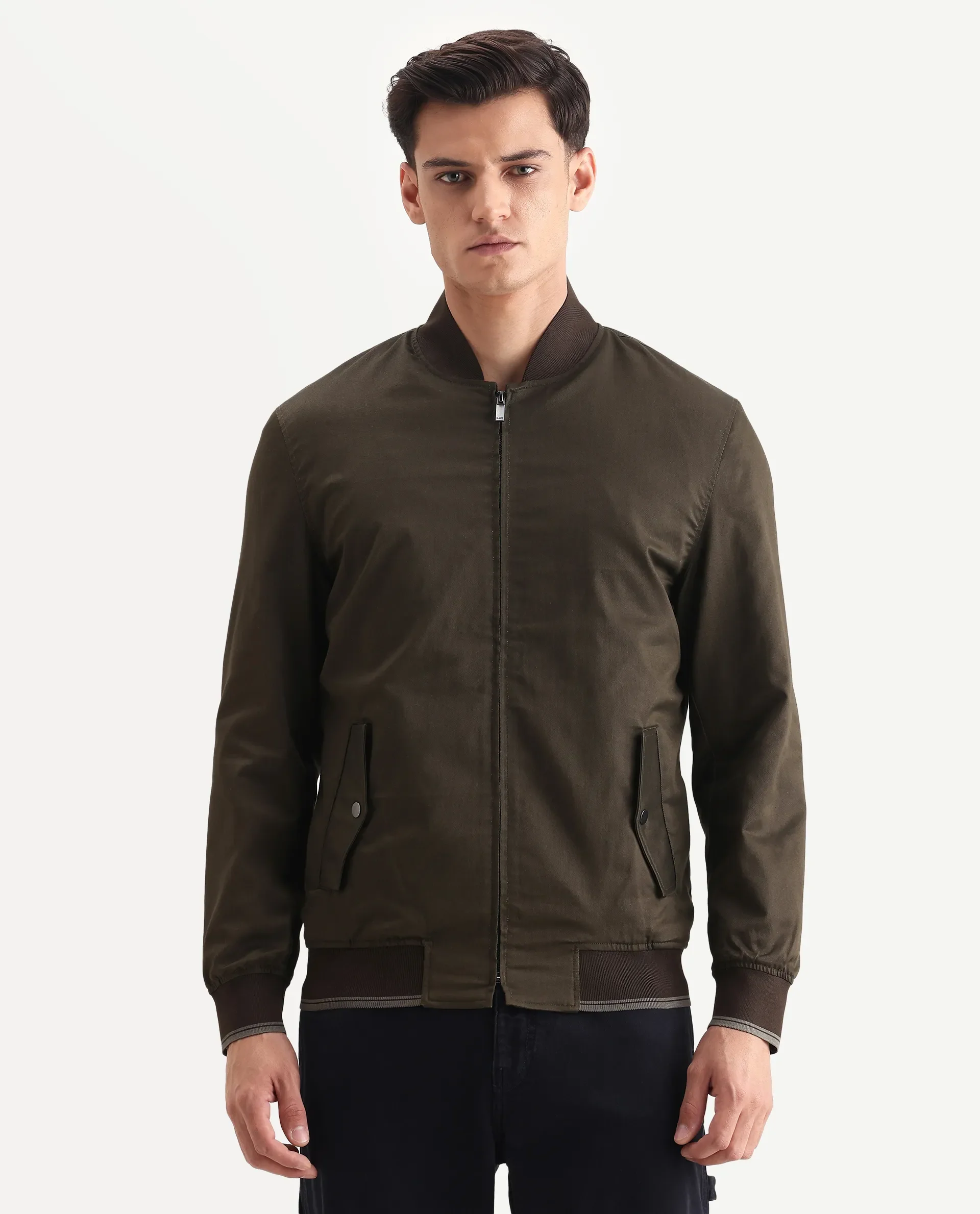 Rare Rabbit Men's Bom Olive Polyester Blend Fabric Ribbed Collar Regular Plain Jacket - Image 4