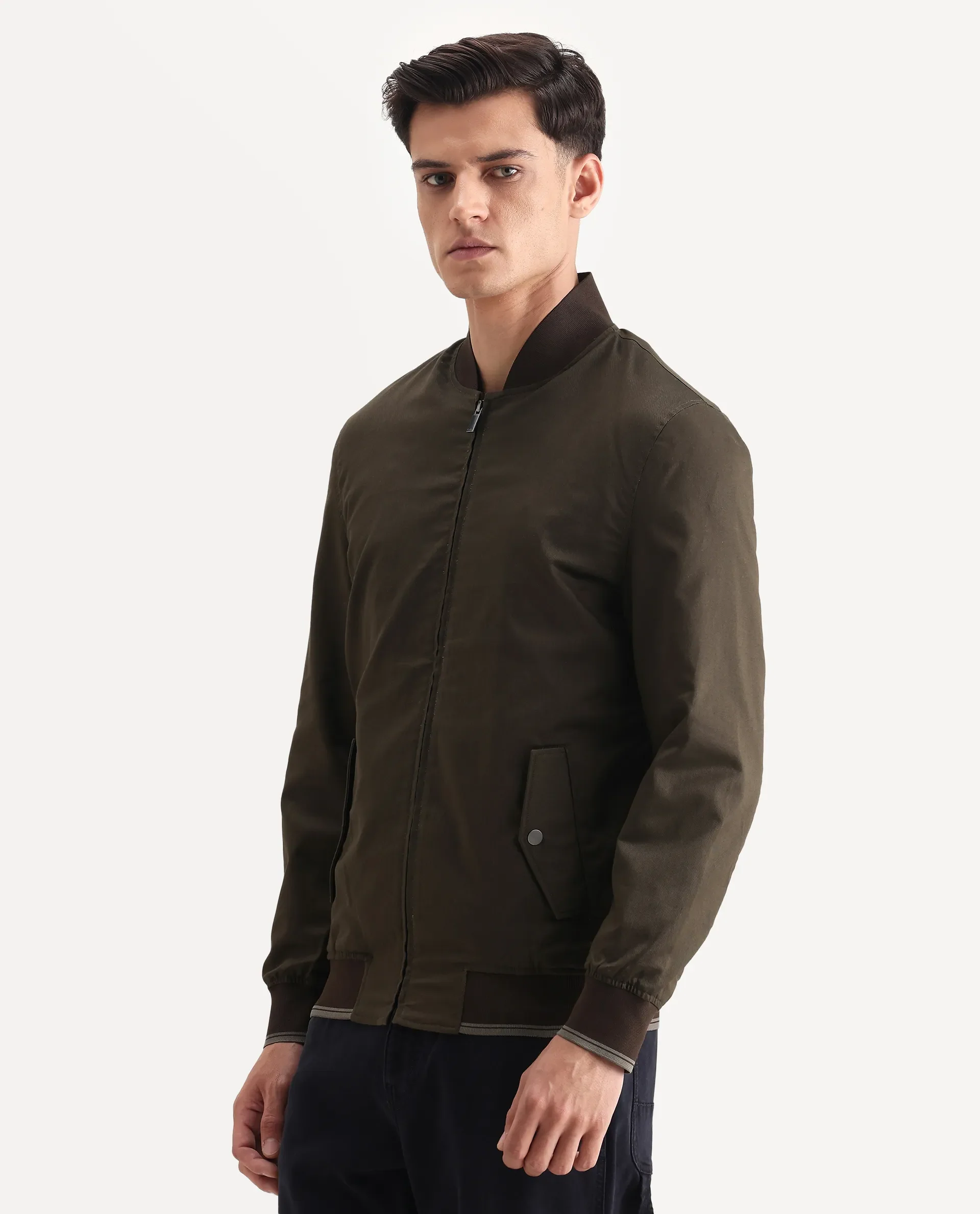 Rare Rabbit Men's Bom Olive Polyester Blend Fabric Ribbed Collar Regular Plain Jacket - Image 5