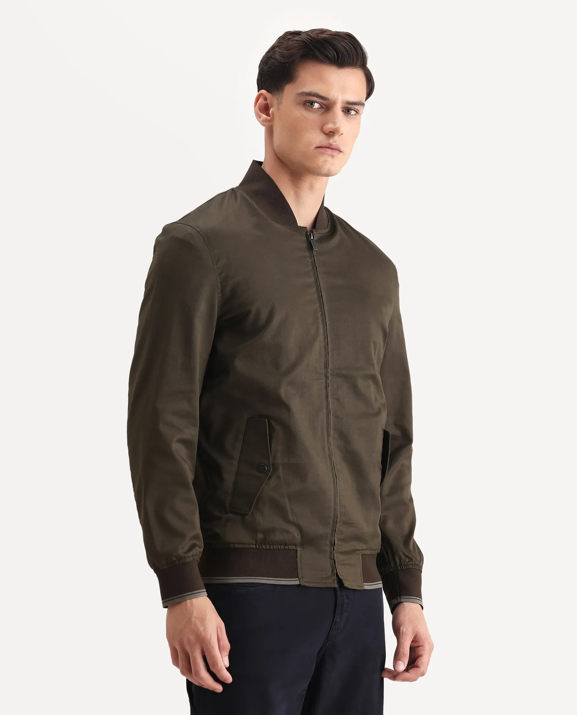Rare Rabbit Men's Bom Olive Polyester Blend Fabric Ribbed Collar Regular Plain Jacket - Image 6