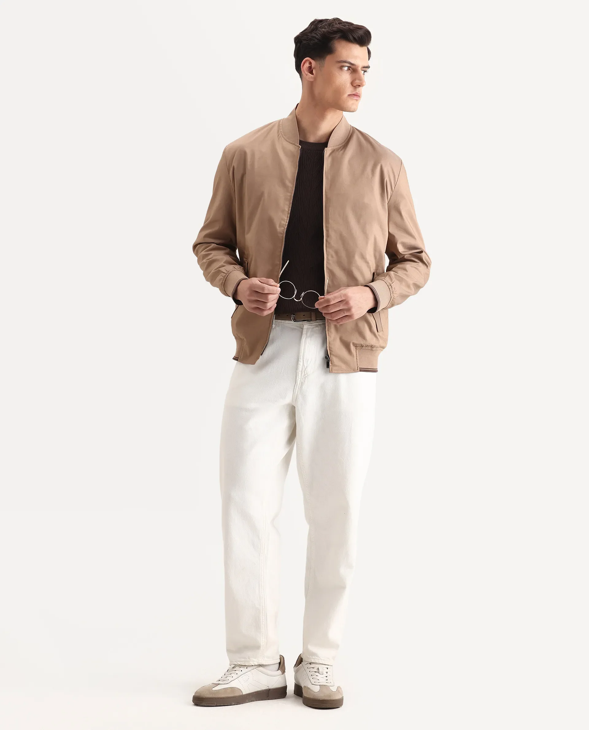 Rare Rabbit Men's Bom Tan Polyester Blend Fabric Ribbed Collar Regular Plain Jacket - Image 2
