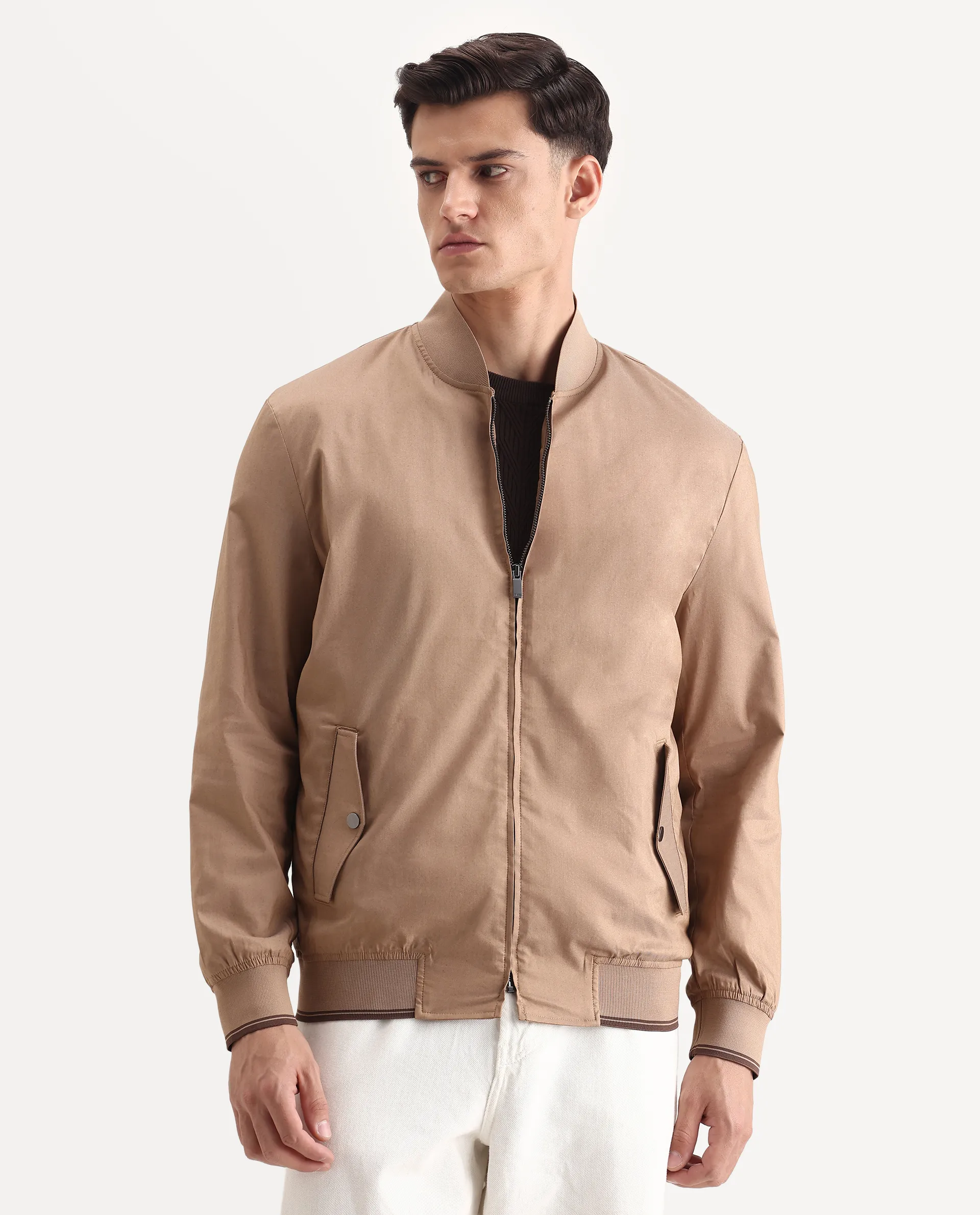 Rare Rabbit Men's Bom Tan Polyester Blend Fabric Ribbed Collar Regular Plain Jacket - Image 4