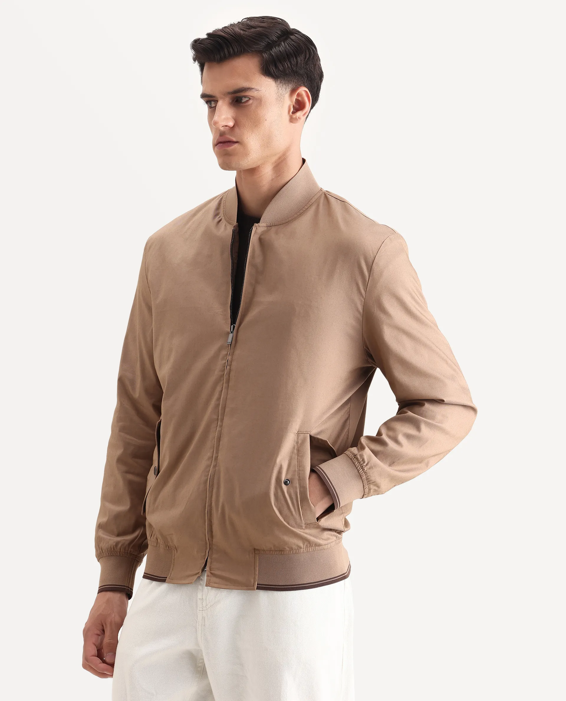 Rare Rabbit Men's Bom Tan Polyester Blend Fabric Ribbed Collar Regular Plain Jacket - Image 5