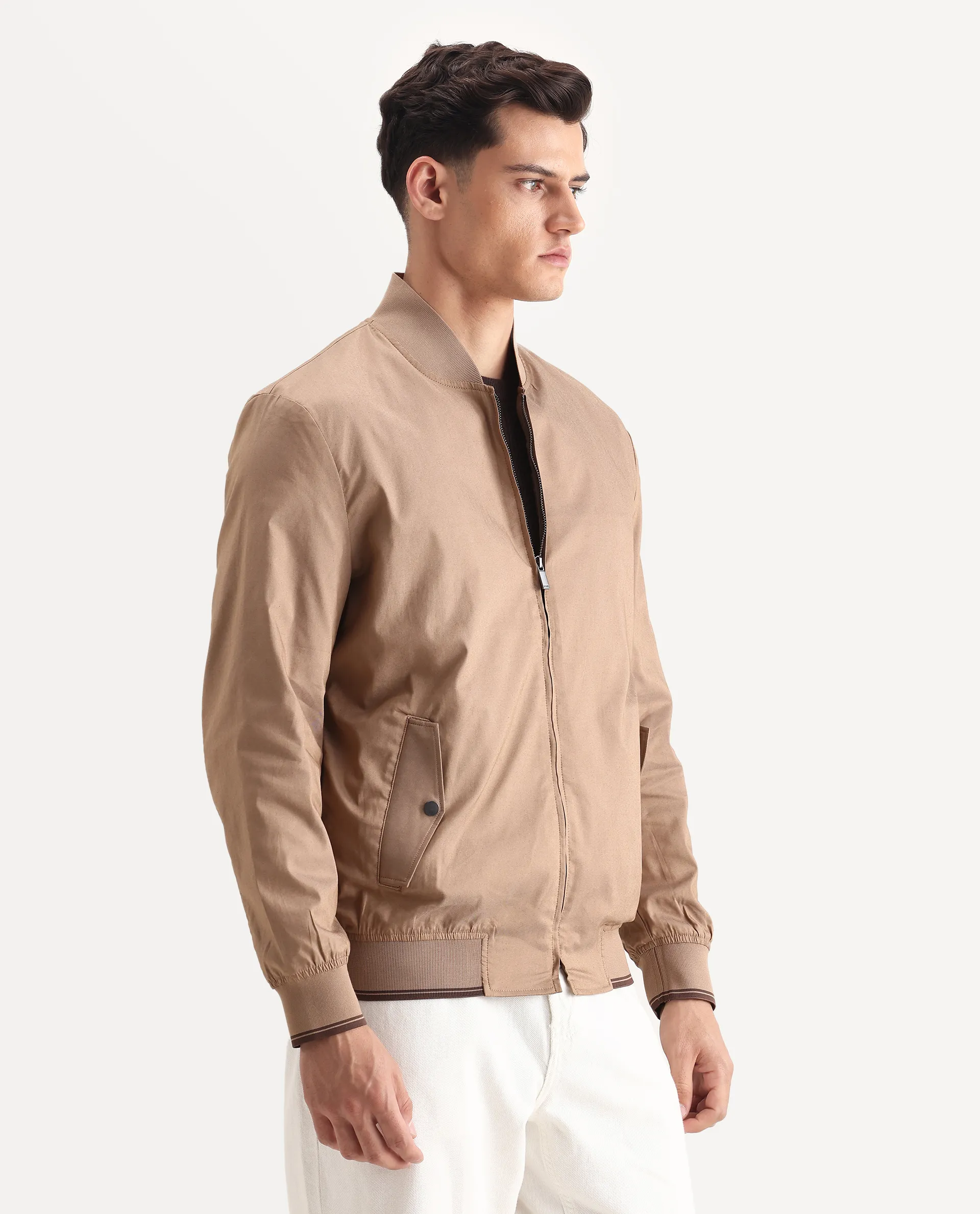 Rare Rabbit Men's Bom Tan Polyester Blend Fabric Ribbed Collar Regular Plain Jacket - Image 6