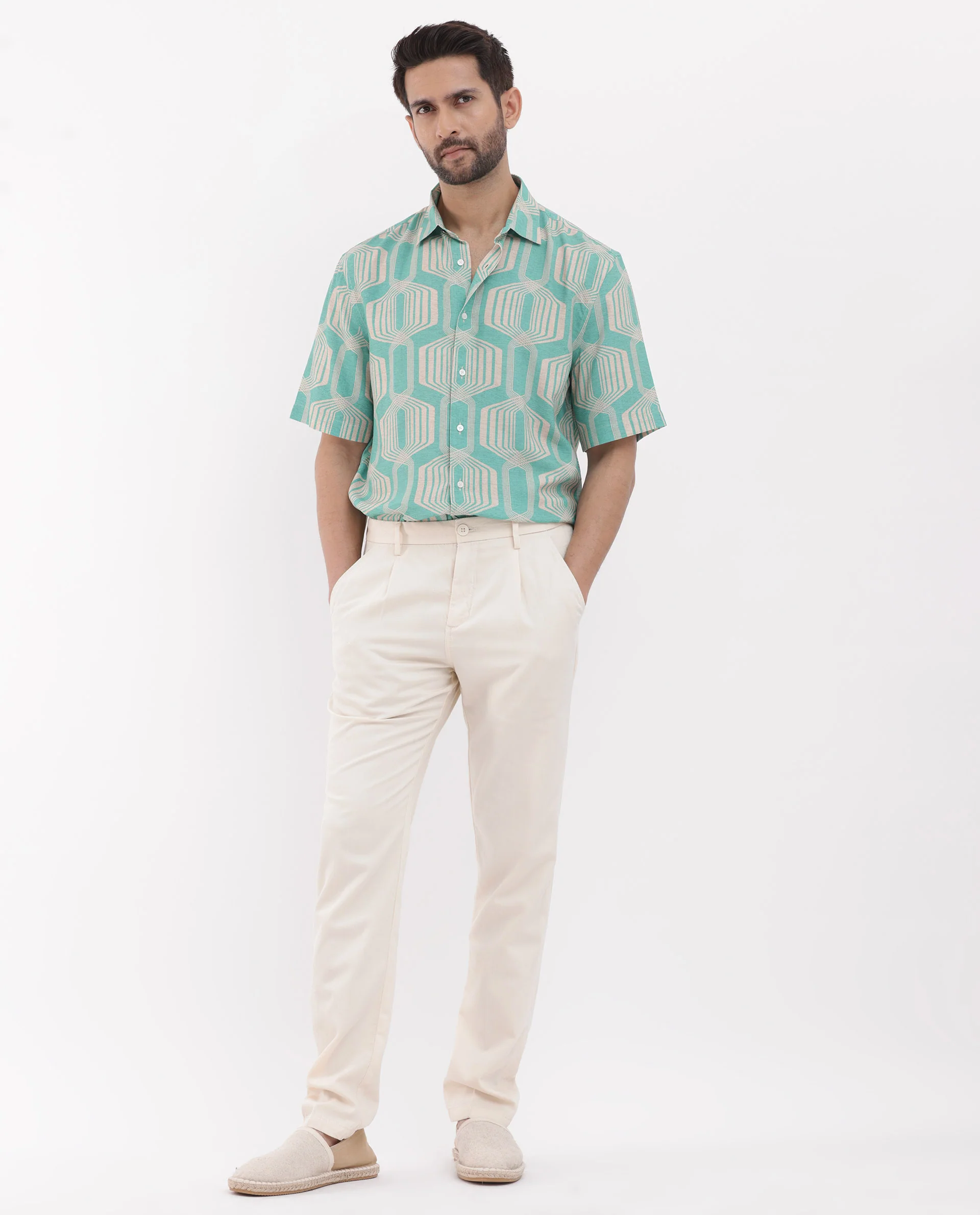 Rare Rabbit Men's Bomet Turq Viscose Geometric Print Boxy Fit Half Sleeve Collared Shirt - Image 2