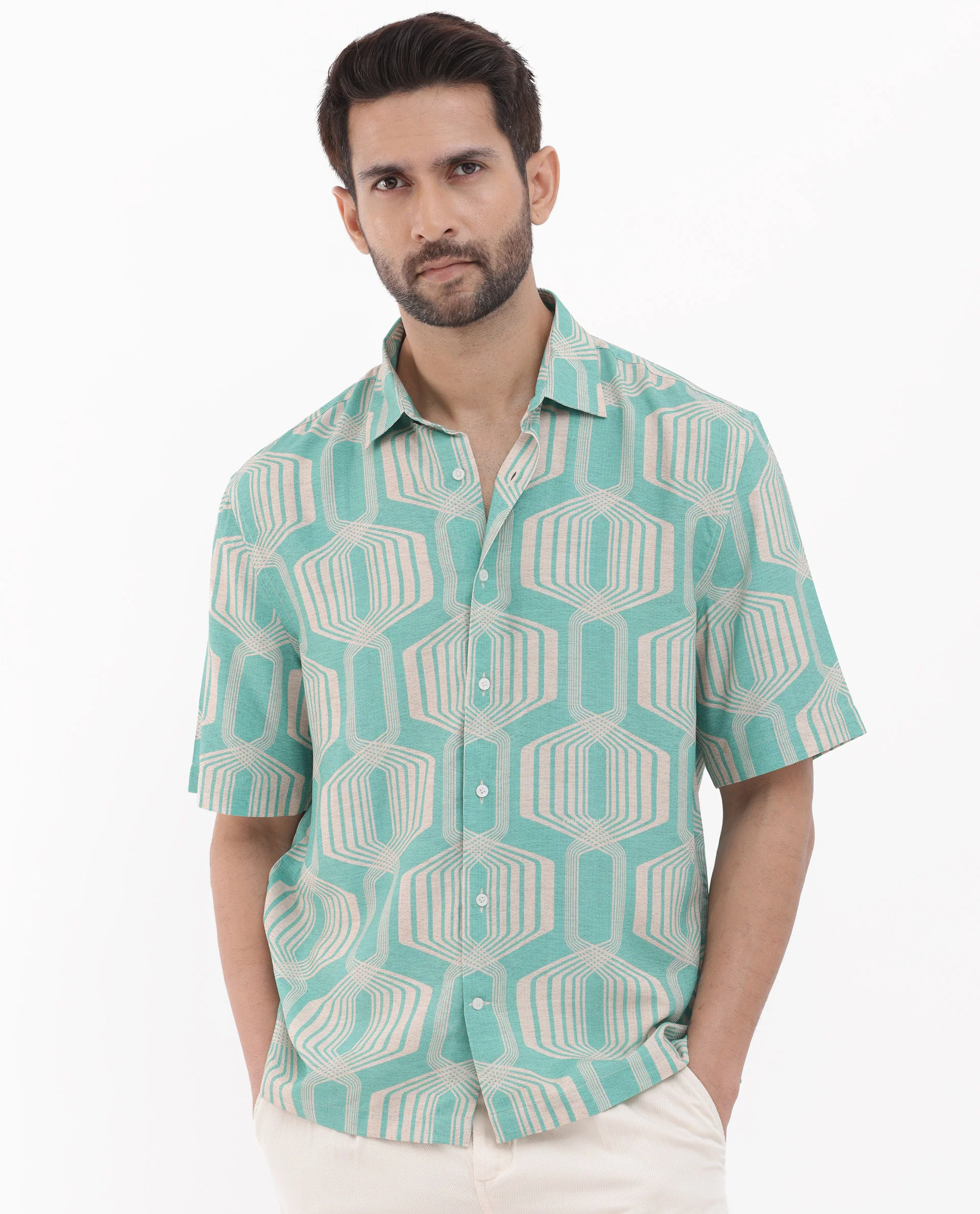 Rare Rabbit Men's Bomet Turq Viscose Geometric Print Boxy Fit Half Sleeve Collared Shirt - Image 3