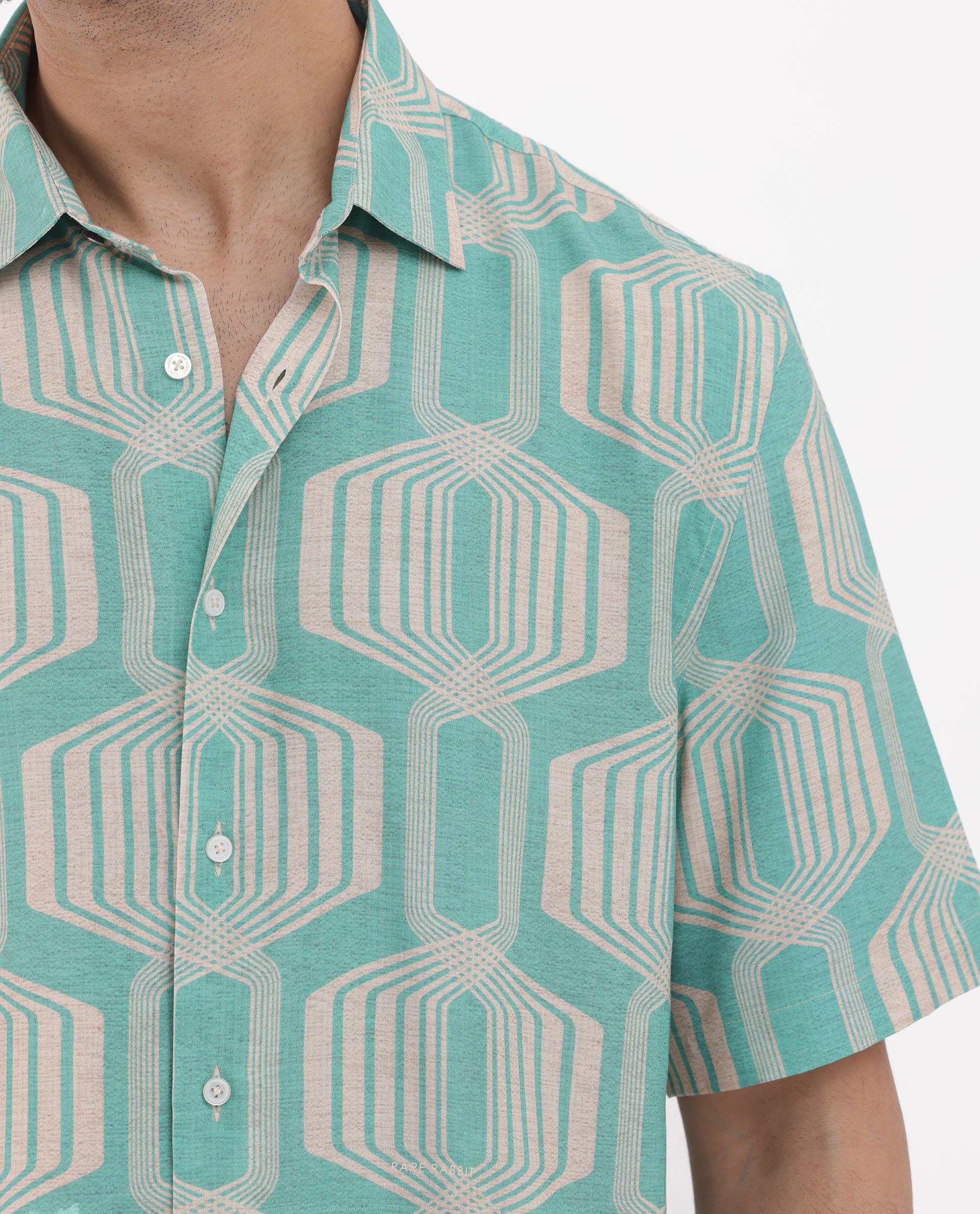 Rare Rabbit Men's Bomet Turq Viscose Geometric Print Boxy Fit Half Sleeve Collared Shirt - Image 4