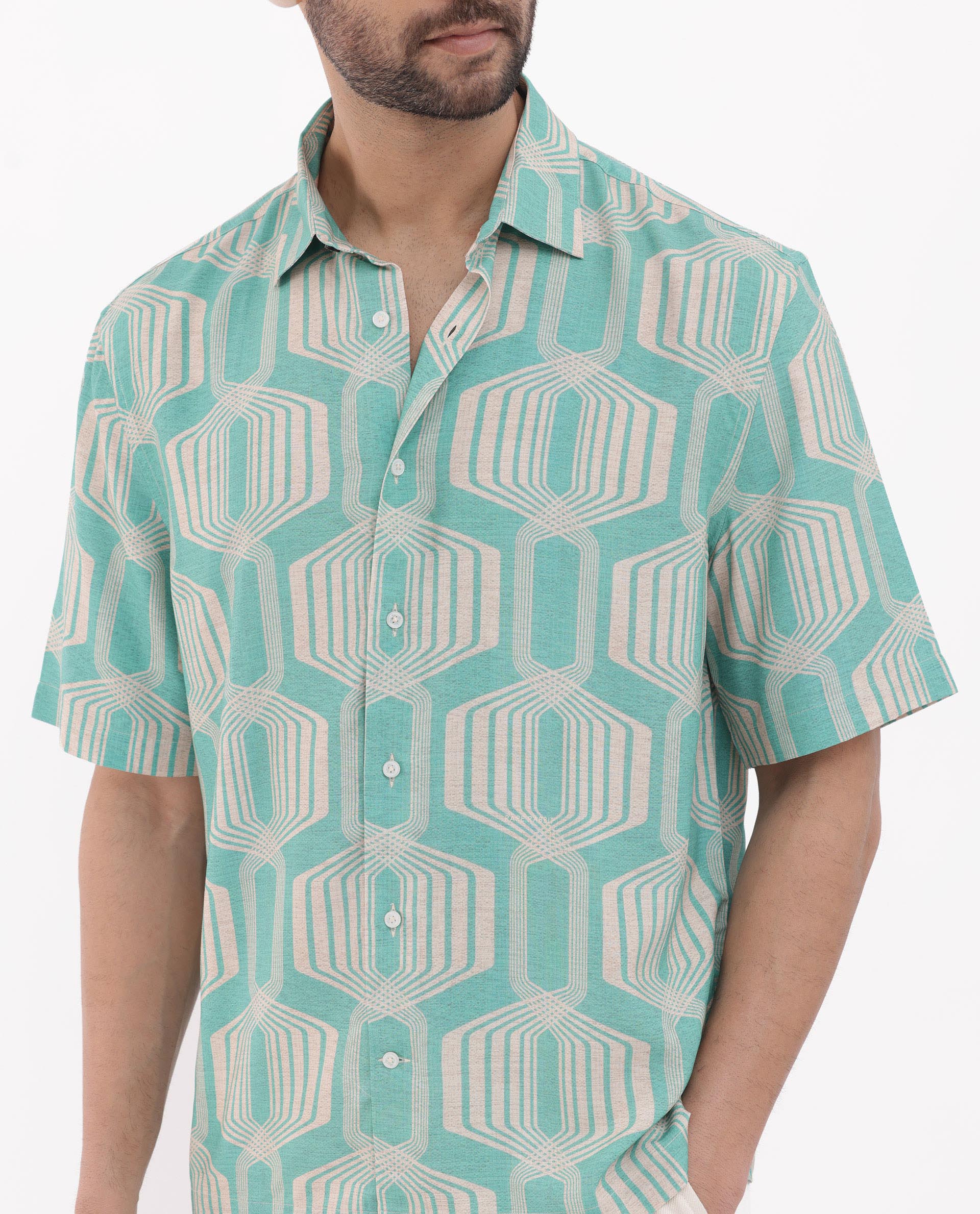 Rare Rabbit Men's Bomet Turq Viscose Geometric Print Boxy Fit Half Sleeve Collared Shirt - Image 5