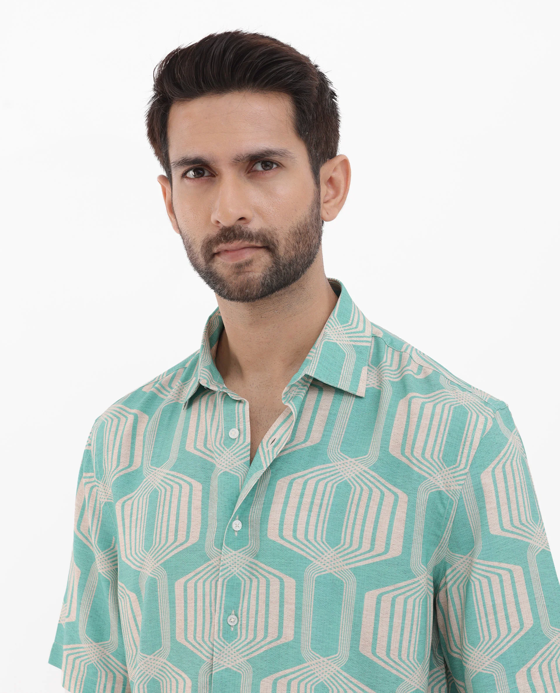 Rare Rabbit Men's Bomet Turq Viscose Geometric Print Boxy Fit Half Sleeve Collared Shirt - Image 6