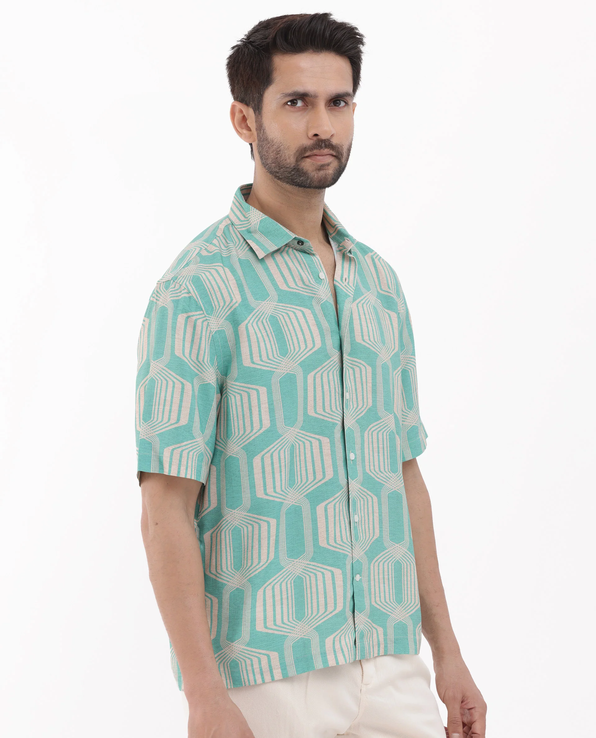 Rare Rabbit Men's Bomet Turq Viscose Geometric Print Boxy Fit Half Sleeve Collared Shirt - Image 7