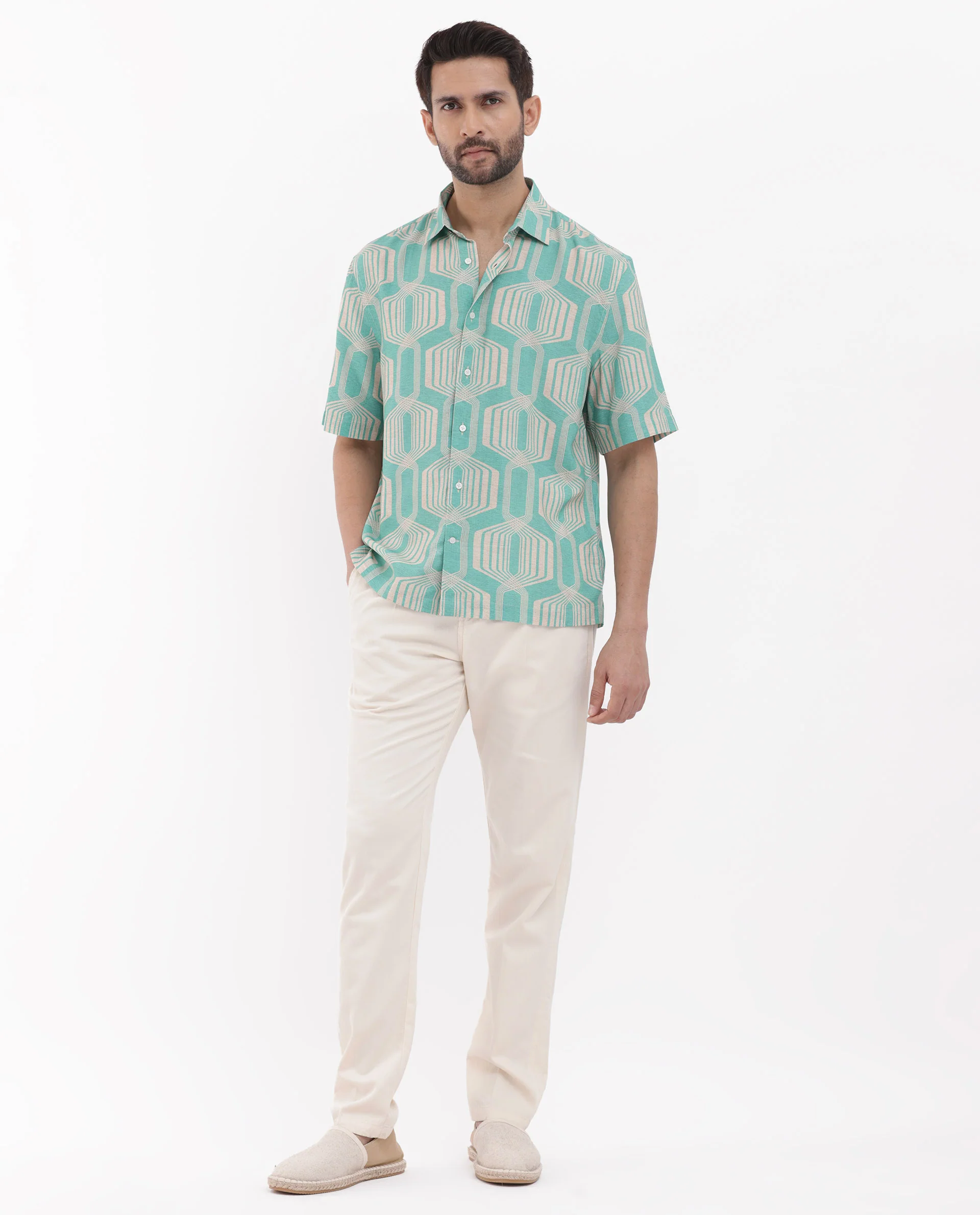 Rare Rabbit Men's Bomet Turq Viscose Geometric Print Boxy Fit Half Sleeve Collared Shirt - Image 8