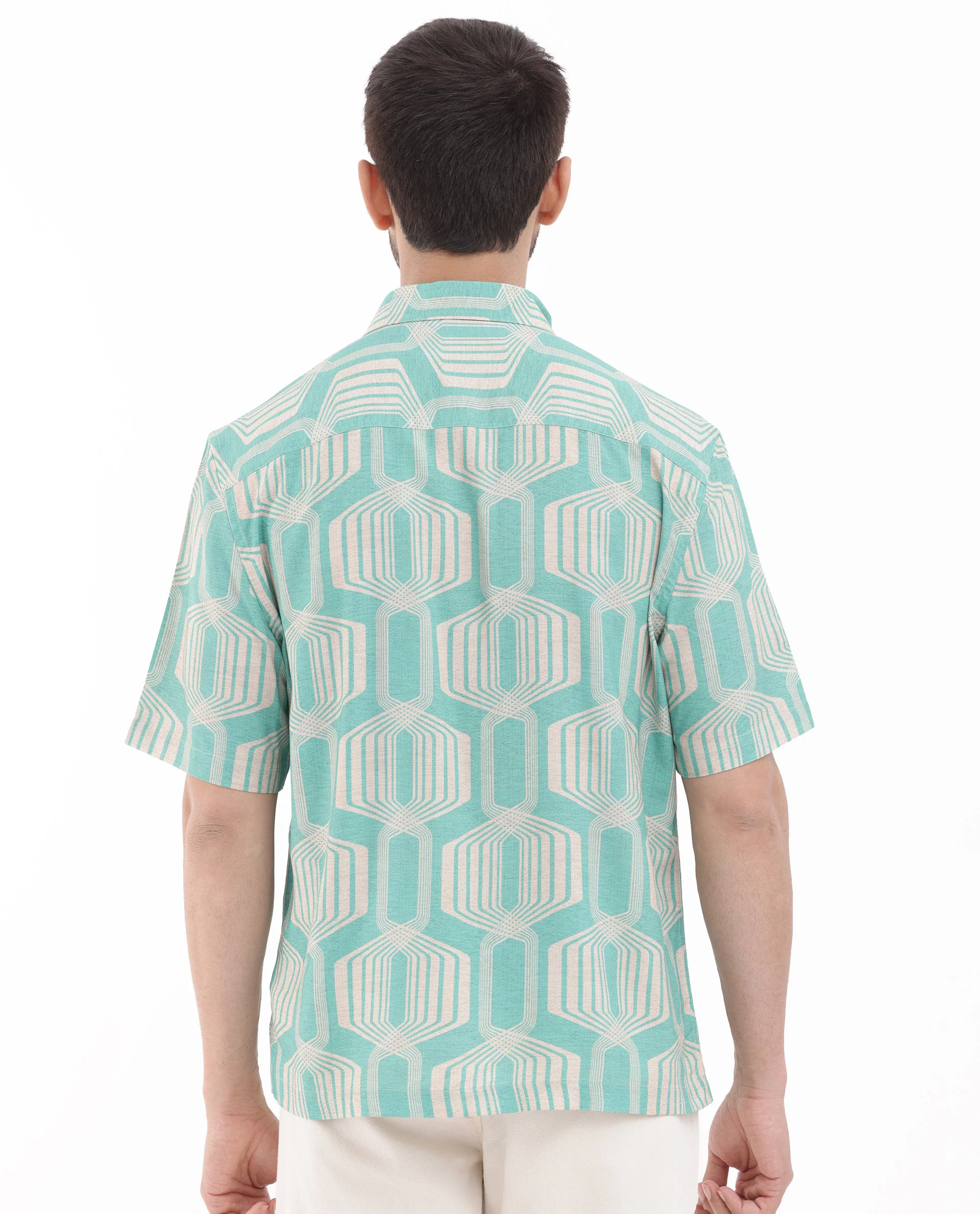 Rare Rabbit Men's Bomet Turq Viscose Geometric Print Boxy Fit Half Sleeve Collared Shirt - Image 9