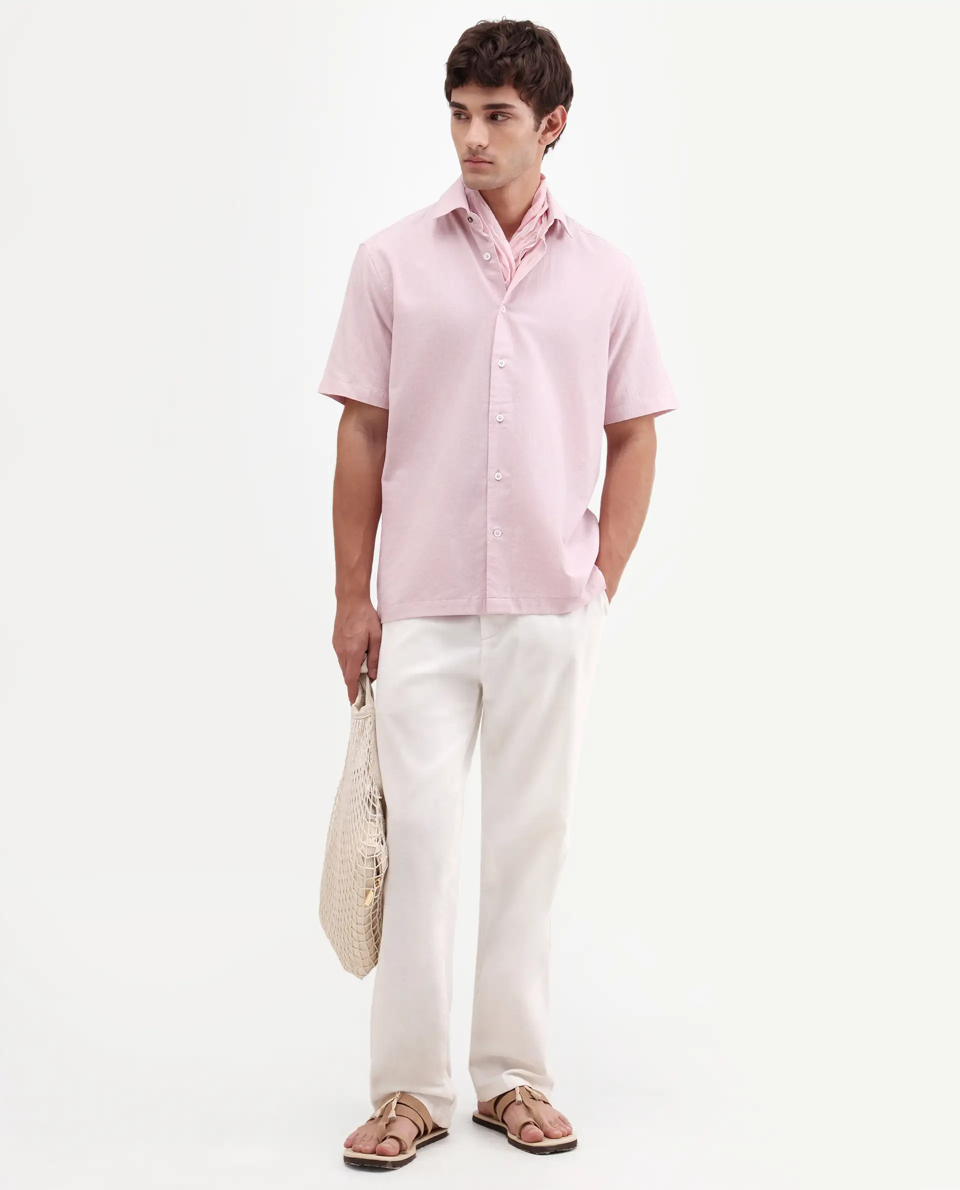 Rare Rabbit Men's Bonc-Ss Pink Linen Blend Fabric Half Sleeve Spread Collar Button Regular Plain Shirt - Image 2