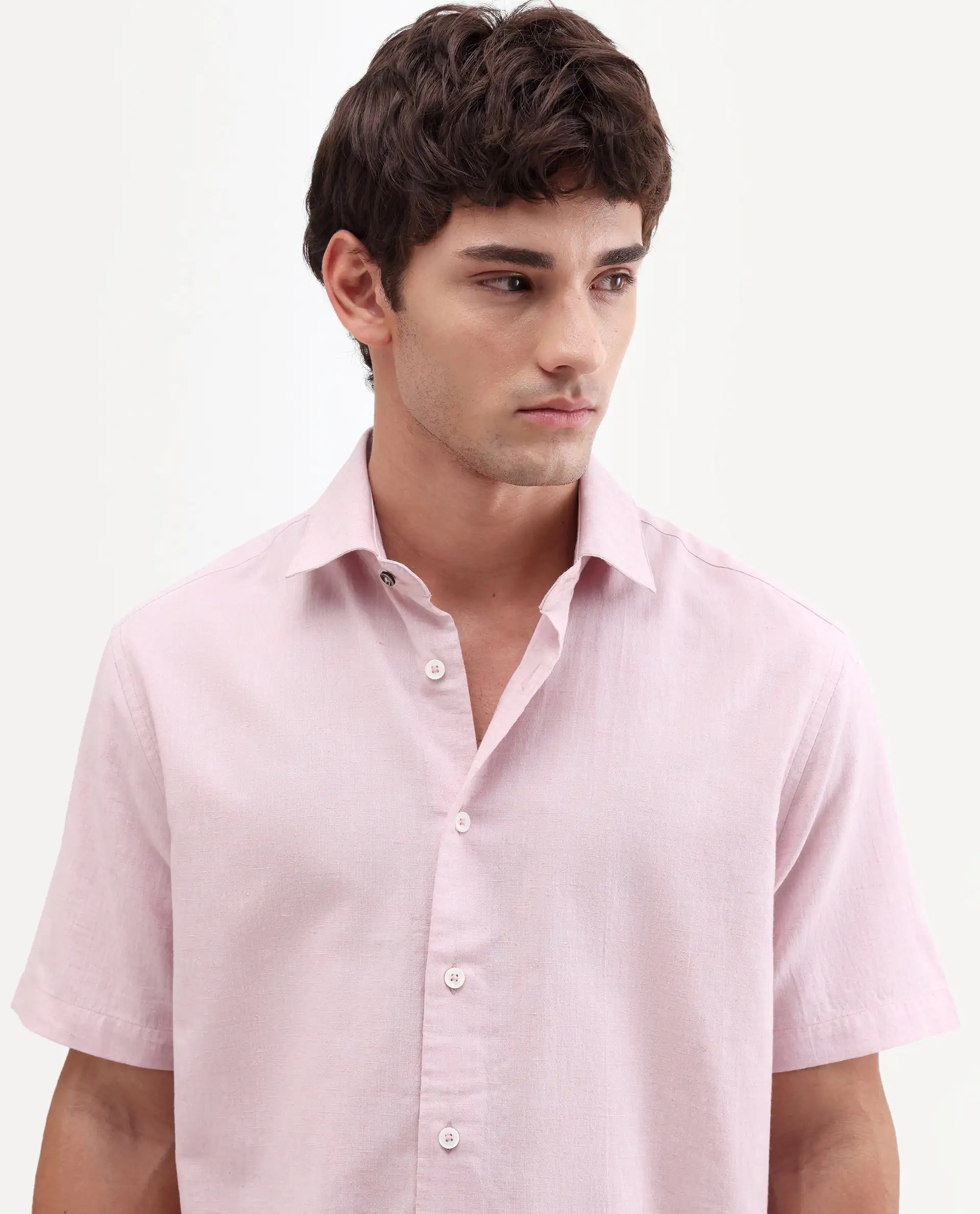 Rare Rabbit Men's Bonc-Ss Pink Linen Blend Fabric Half Sleeve Spread Collar Button Regular Plain Shirt - Image 3