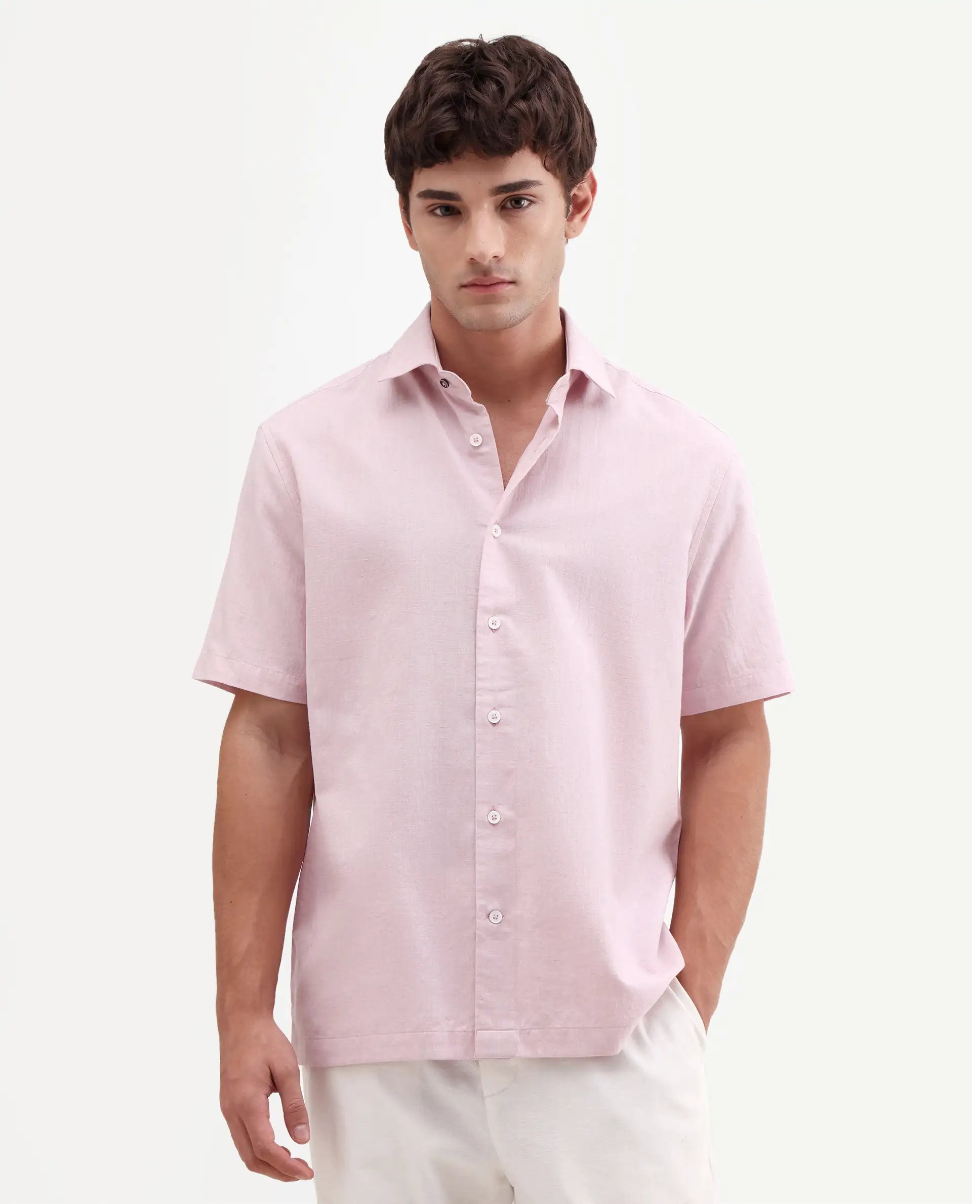 Rare Rabbit Men's Bonc-Ss Pink Linen Blend Fabric Half Sleeve Spread Collar Button Regular Plain Shirt - Image 4