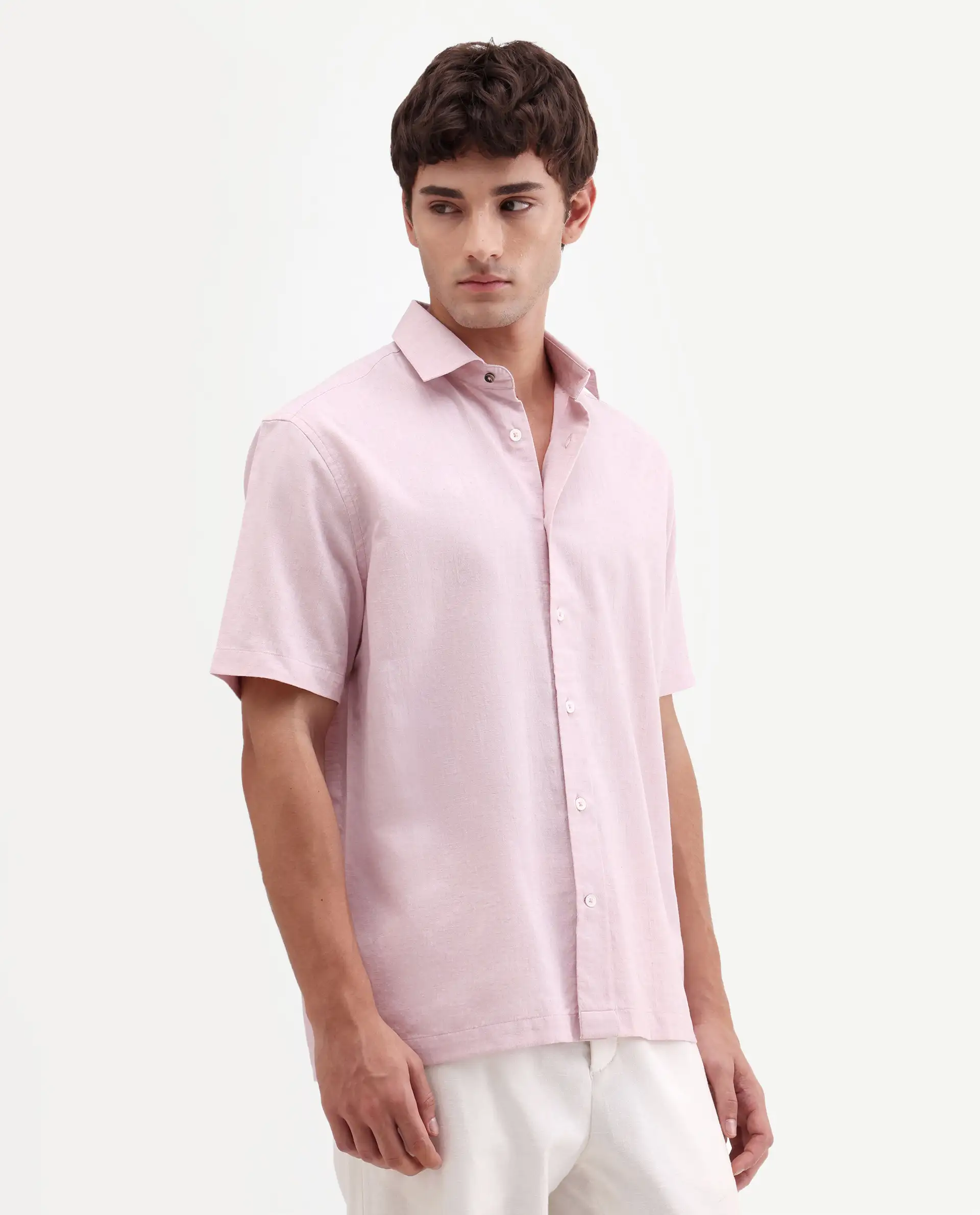 Rare Rabbit Men's Bonc-Ss Pink Linen Blend Fabric Half Sleeve Spread Collar Button Regular Plain Shirt - Image 5