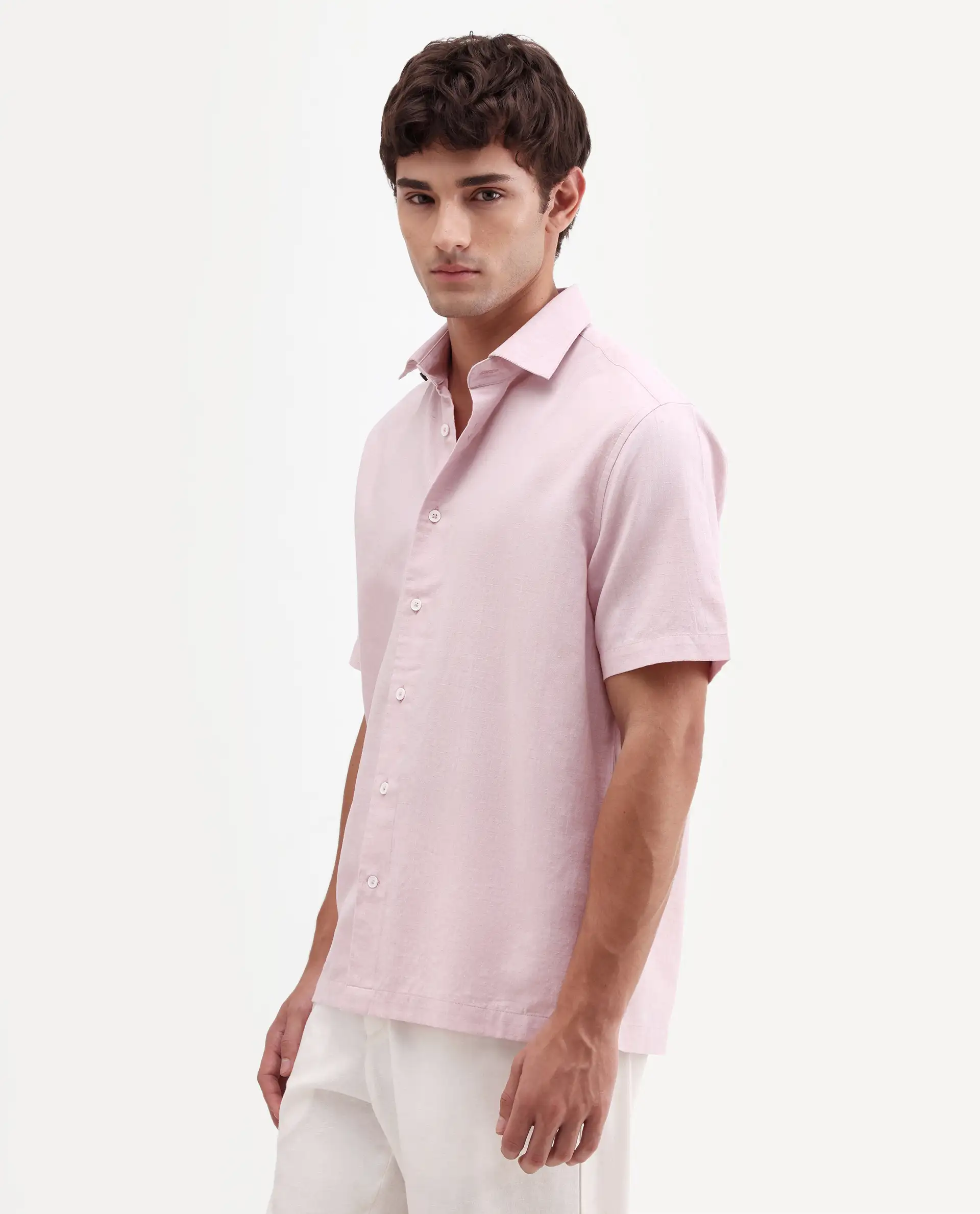 Rare Rabbit Men's Bonc-Ss Pink Linen Blend Fabric Half Sleeve Spread Collar Button Regular Plain Shirt - Image 6