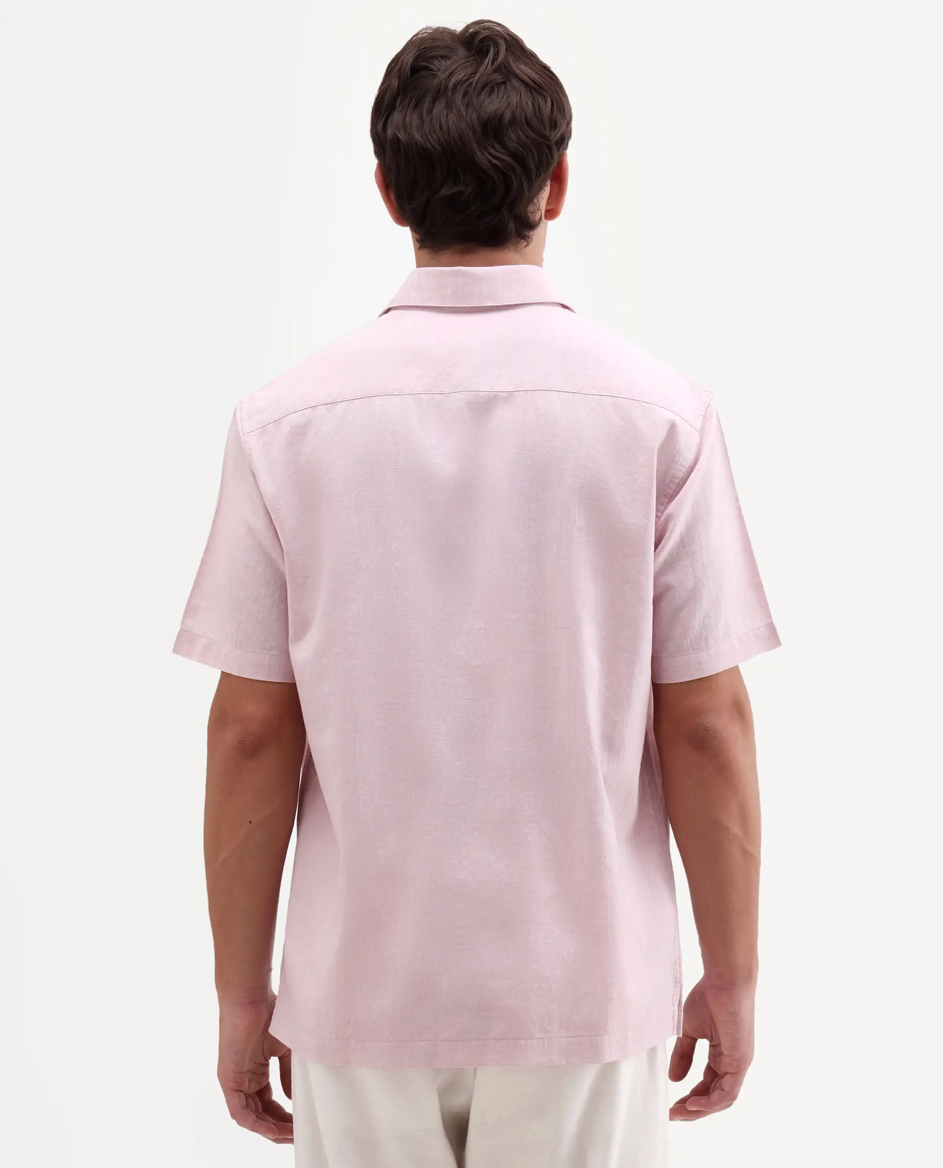 Rare Rabbit Men's Bonc-Ss Pink Linen Blend Fabric Half Sleeve Spread Collar Button Regular Plain Shirt - Image 7