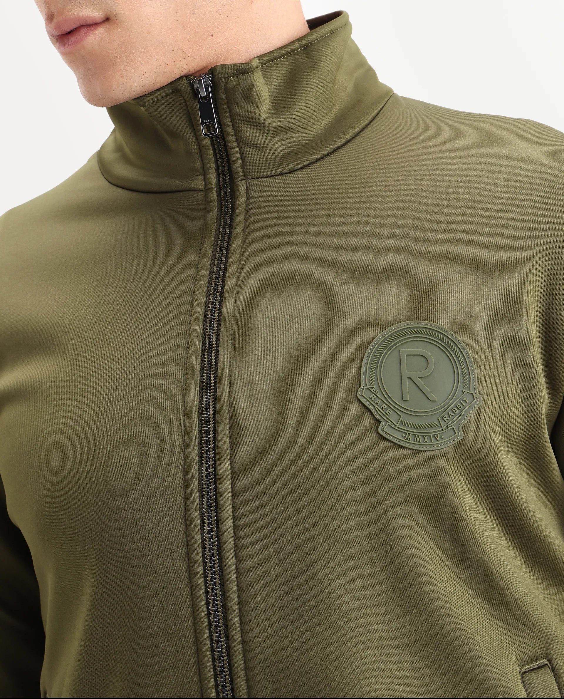 Rare Rabbit Men's Bond Olive Polyester Plain Regular Fit Full Sleeve High Neck Jacket - Image 3