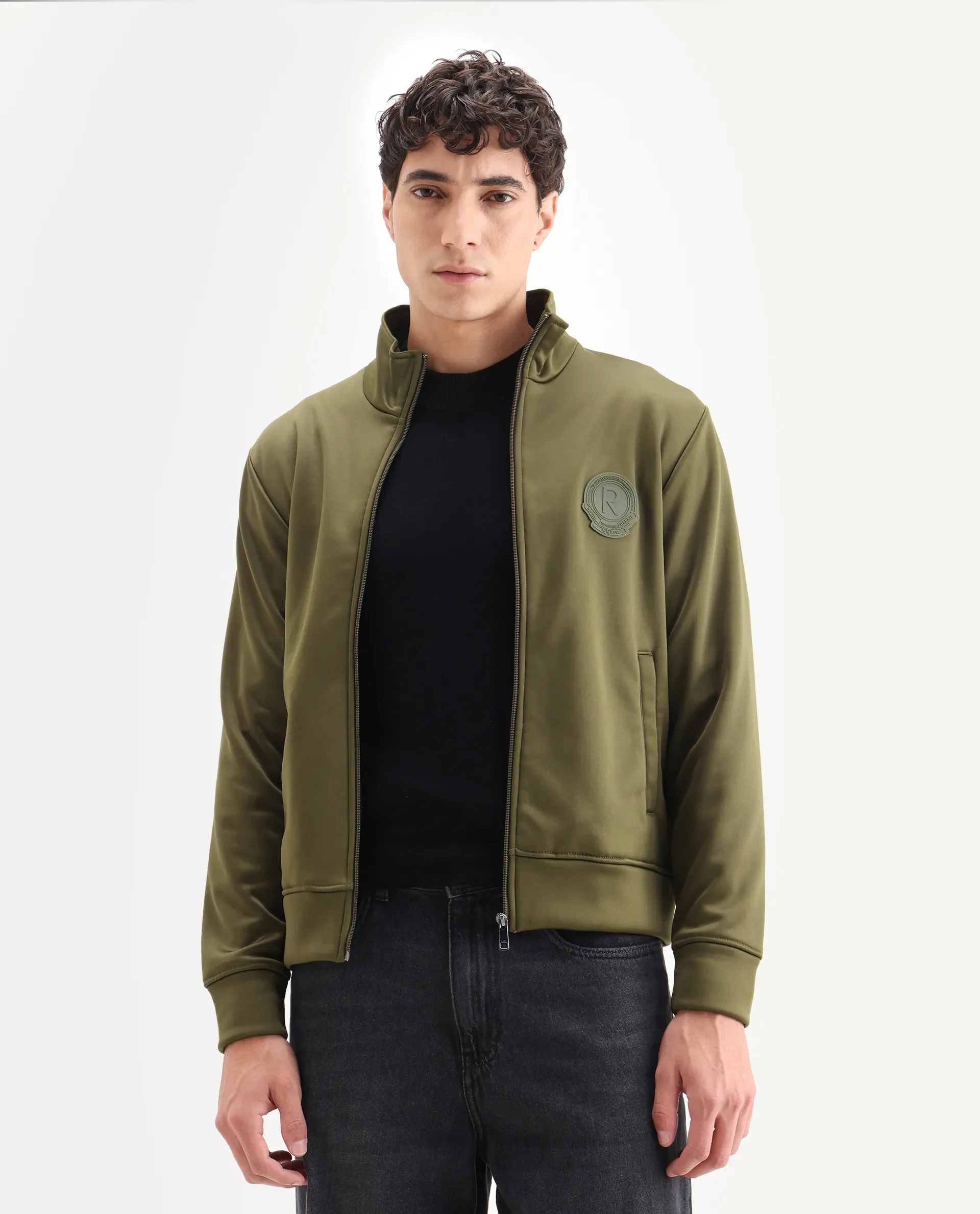 Rare Rabbit Men's Bond Olive Polyester Plain Regular Fit Full Sleeve High Neck Jacket - Image 4