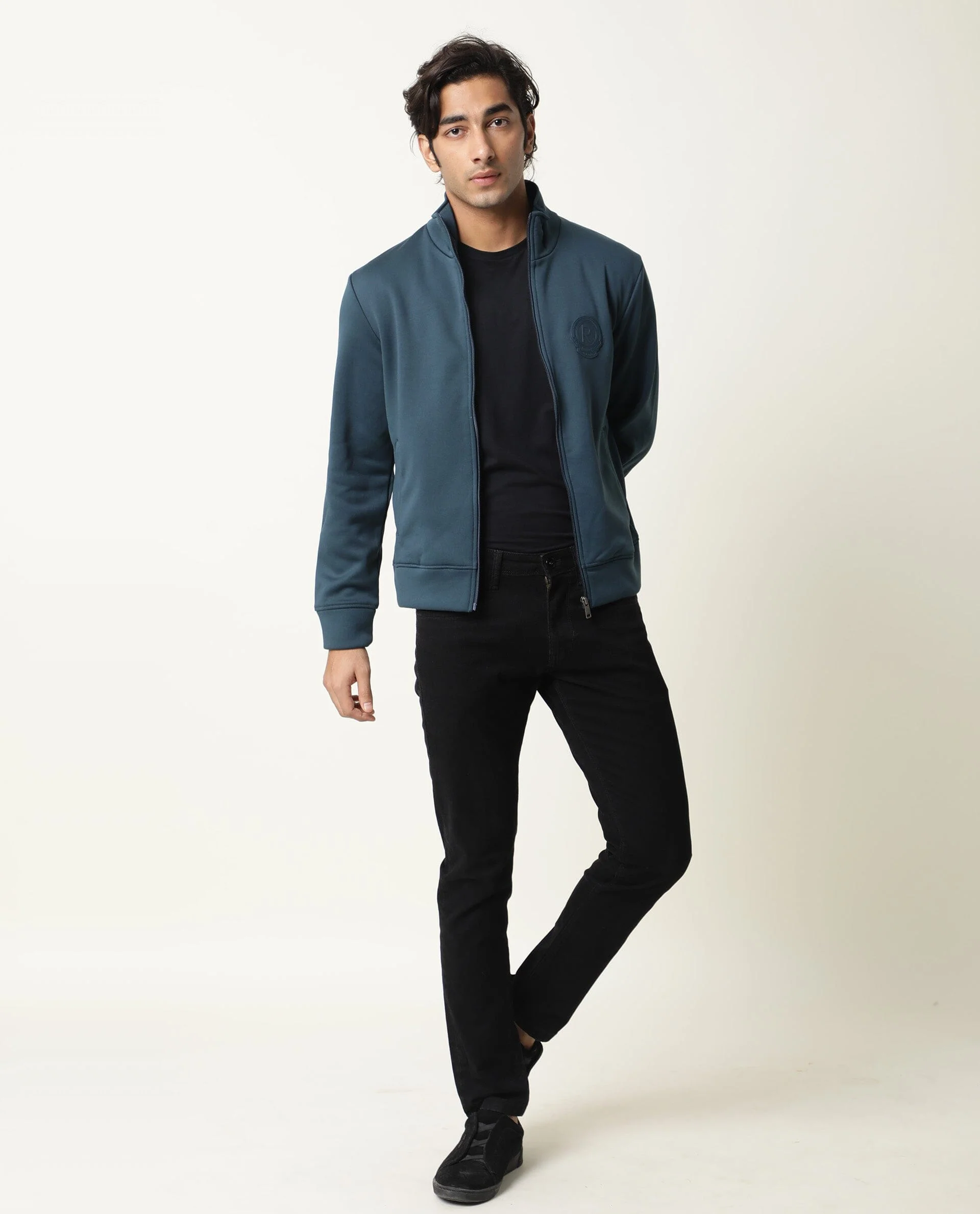 Rare Rabbit Men's Bond Petrol Polyester Plain Slim Fit Full Sleeve Mandarin Collar Jacket - Image 2