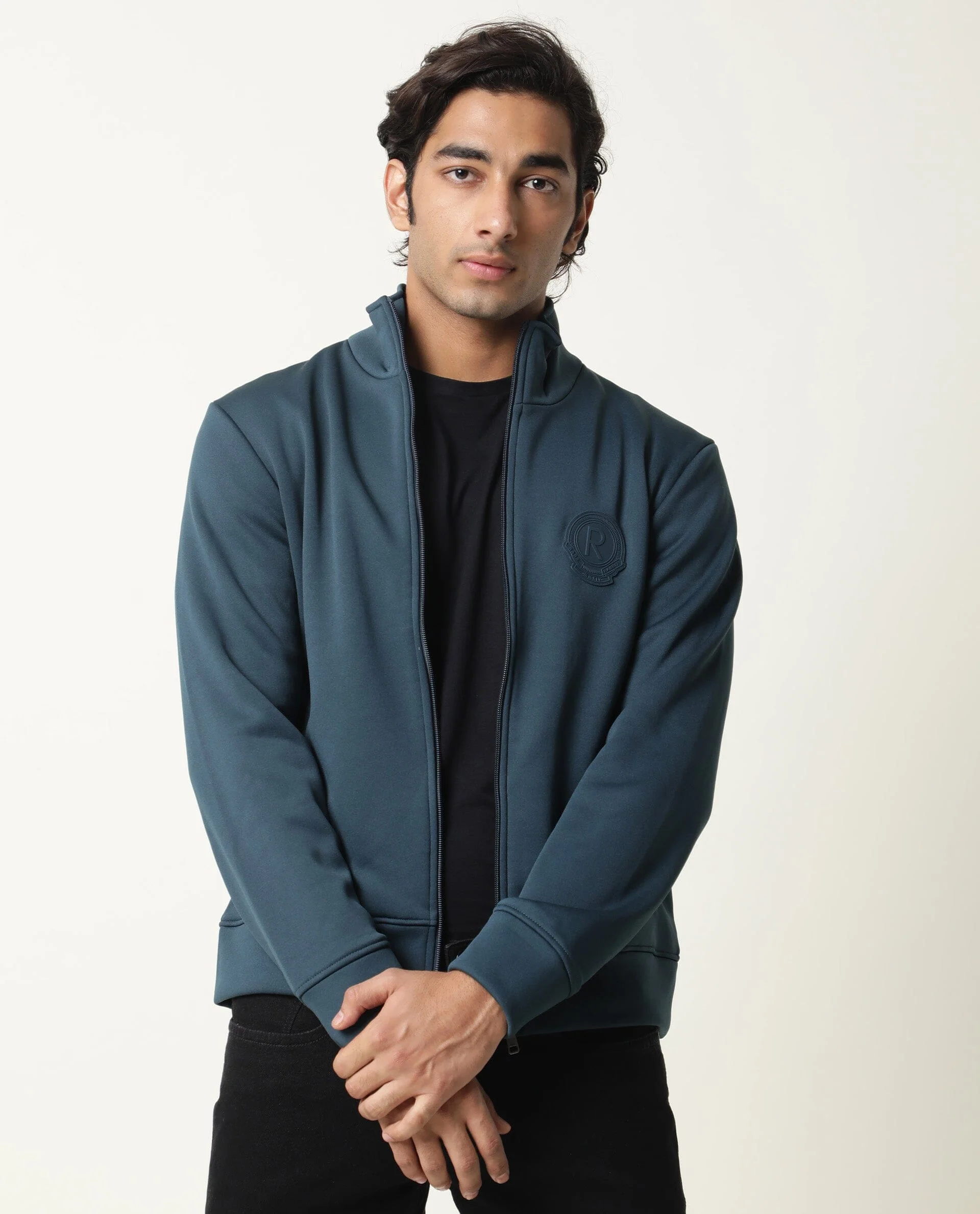 Rare Rabbit Men's Bond Petrol Polyester Plain Slim Fit Full Sleeve Mandarin Collar Jacket - Image 3