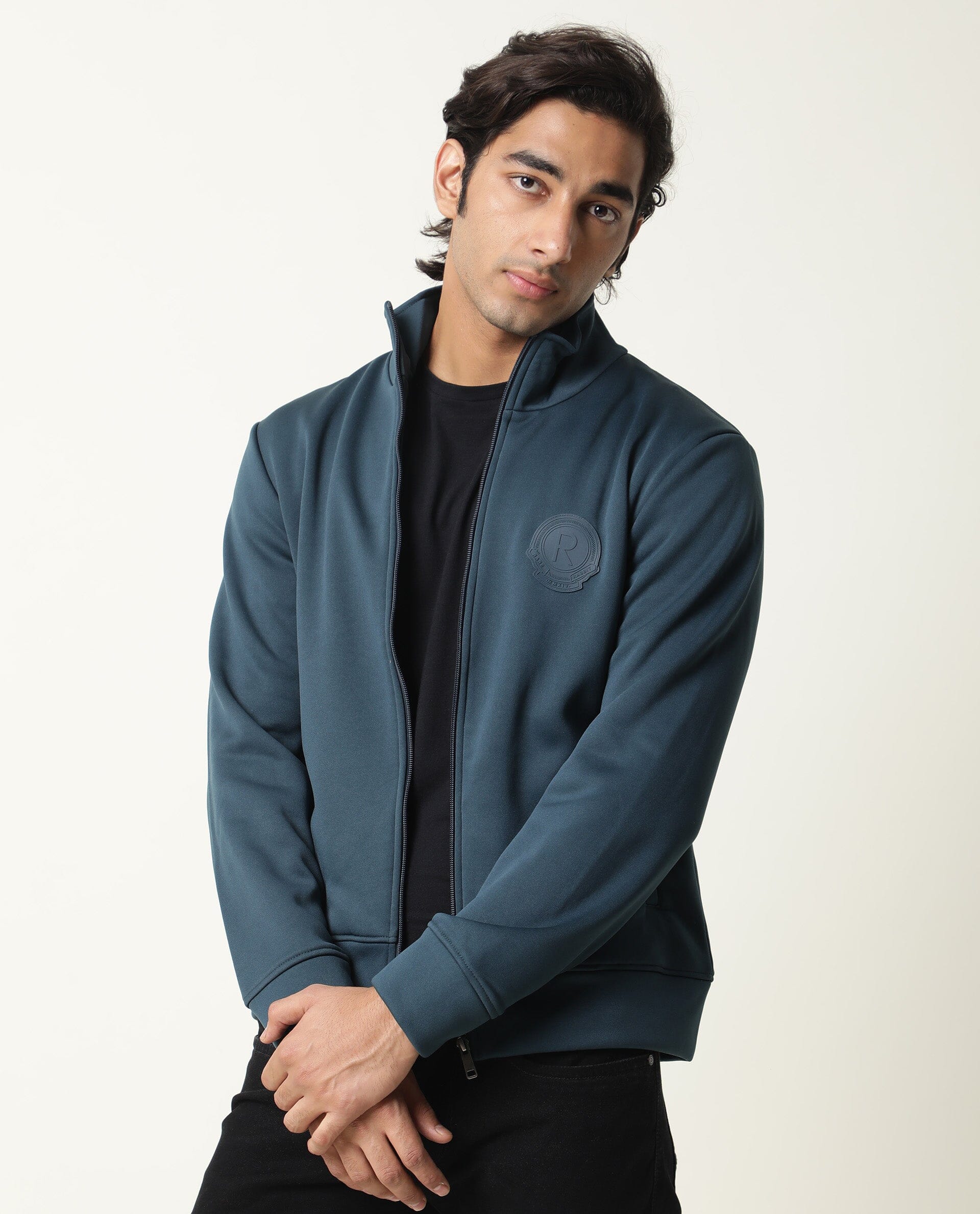 Rare Rabbit Men's Bond Petrol Polyester Plain Slim Fit Full Sleeve Mandarin Collar Jacket - Image 4