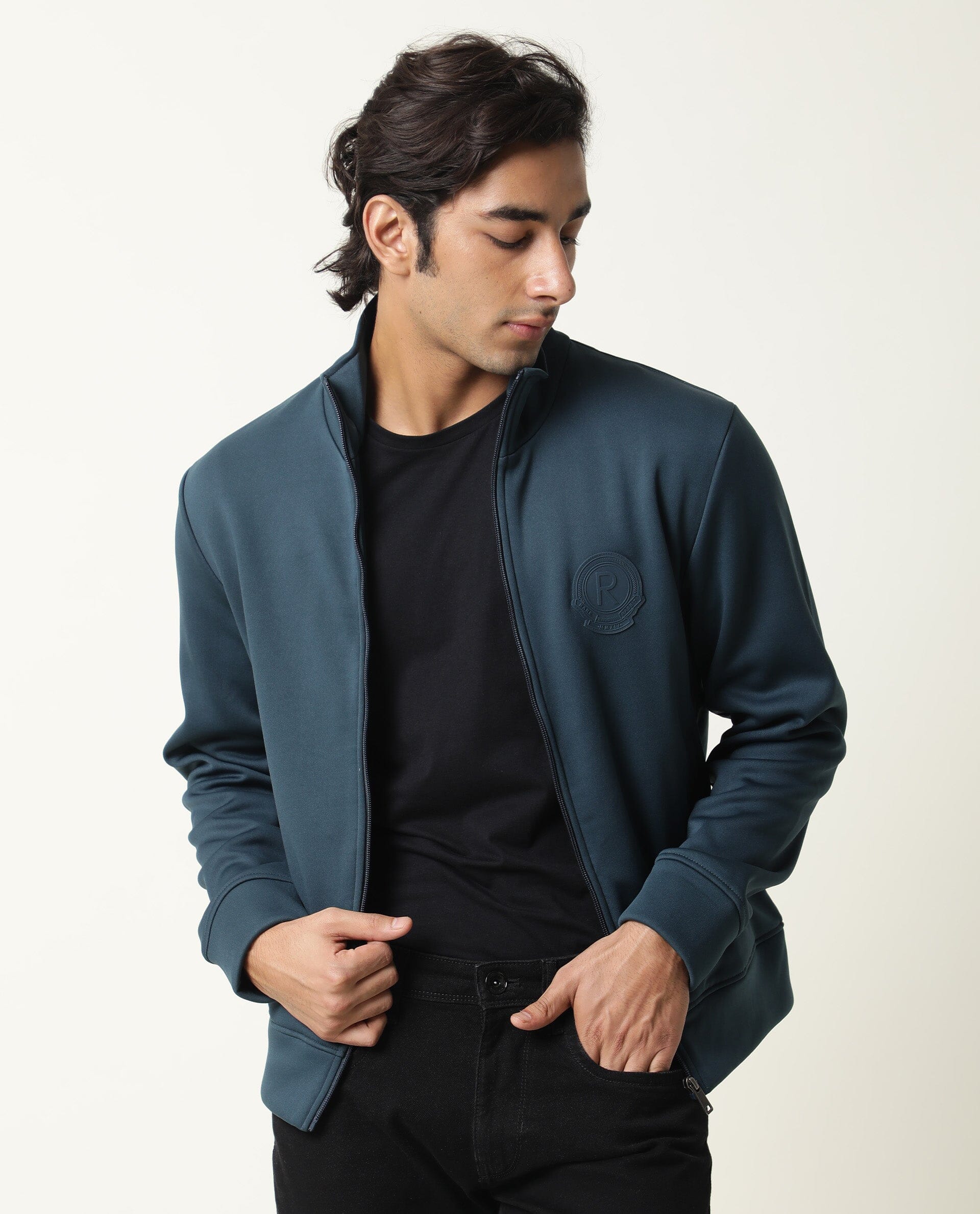 Rare Rabbit Men's Bond Petrol Polyester Plain Slim Fit Full Sleeve Mandarin Collar Jacket - Image 5
